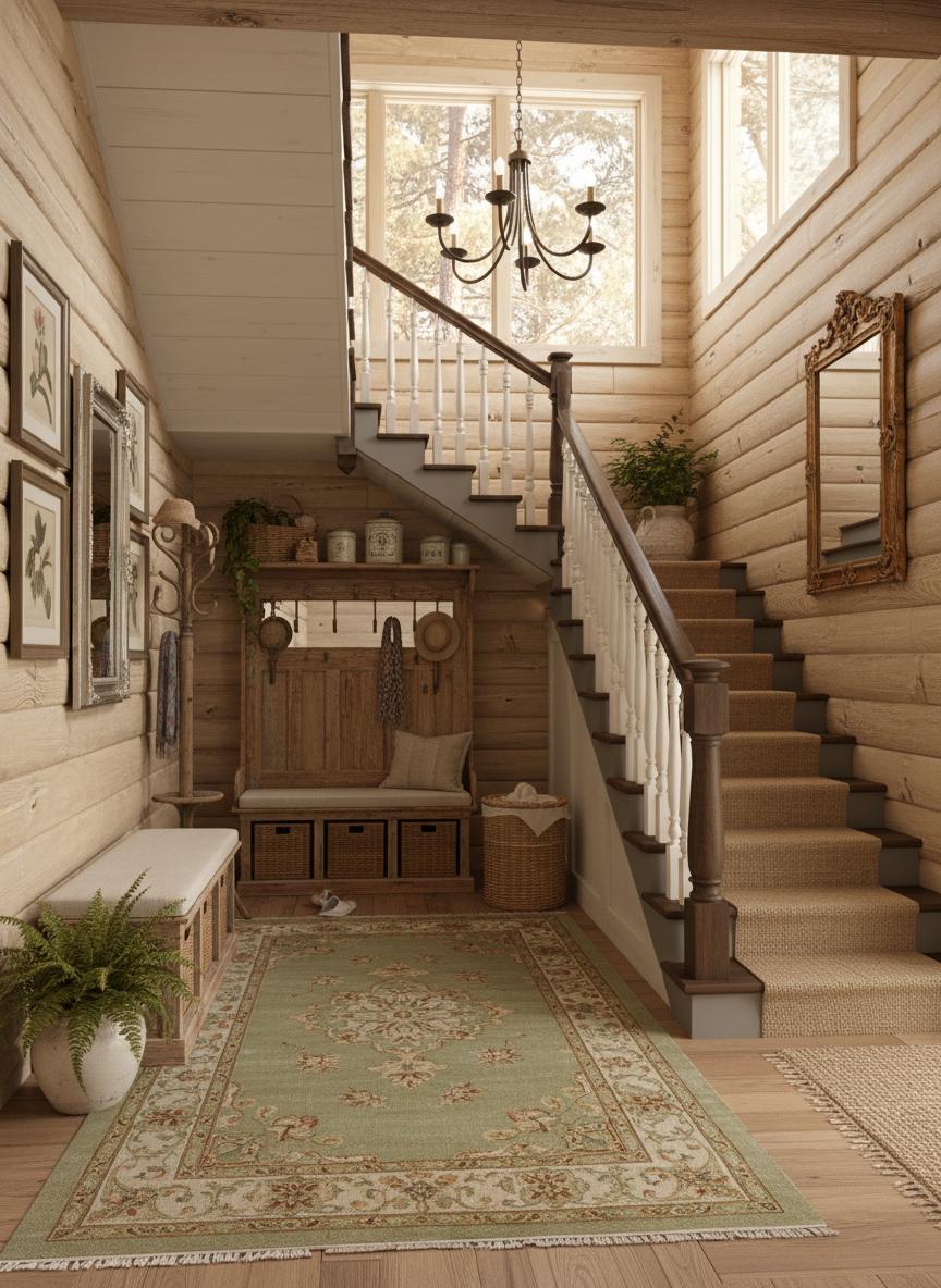 **An incredibly lifelike, richly detailed, photorealistic interior photo of a mudroom set in a rustic log cabin. The scene is illuminated by soft, diffused natural light filtering from an unseen window, creating a cozy and inviting atmosphere. Captured with a wide-angle lens, emphasizing the warm textures of natural wood and the charming details of shabby chic design.**

This revitalized mudroom embraces a shabby chic aesthetic, breathing new life into the existing log cabin structure. The original warm wood tones of the logs and staircase are retained but are now complemented by a palette of muted, soft colors. Imagine walls painted in a gentle, sun-bleached cream or a pale dusty blue, intentionally distressed to reveal hints of the underlying wood, adding depth and character. The natural wood flooring is softened with a large, vintage-inspired rug featuring a faded floral pattern in shades of sage green, antique rose, and cream.

The existing wooden staircase, while structurally sound, is reimagined with a touch of elegance. Instead of raw wood, the risers are painted a soft, muted grey, and the treads are softened with a runner of natural jute or a subtly patterned rug. The balusters, currently simple turned wood, are given new life with a whitewash, or perhaps a soft, chalky blue paint, their detailing becoming more pronounced against the lighter finish. The handrail is reinforced and treated with a smooth, matte varnish for a polished feel.

Introducing functional and decorative elements in the shabby chic style:
*   **Storage:** Imagine a vintage-inspired distressed wooden bench with built-in storage. Upholstered in a faded linen or ticking stripe fabric, it provides a comfortable place to sit while removing muddy boots. Above the bench, a reclaimed wooden shelf is adorned with woven baskets and vintage tin containers for storing hats, gloves, and scarves.
*   **Wall Decor:** The ceiling mural of palm trees and a sunset is replaced with framed vintage botanical prints or antique landscape paintings. A large, ornate mirror with a distressed silver or antique gold frame hangs prominently on one wall, reflecting light and adding a touch of glamour.
*   **Lighting:** In addition to the natural light, consider a wrought-iron chandelier with a distressed finish, adorned with faux candles, casting a warm, ambient glow. Small wall sconces with antique-style shades provide task lighting.
*   **Accents:** Throws made of chunky knit wool or soft, worn cotton are draped over the bench. Potted ferns and trailing ivy in ceramic pots add a touch of natural greenery. A vintage-style coat rack made of cast iron or weathered wood holds an assortment of scarves and perhaps a straw hat. The existing dark blue object seen on the stairs is replaced with a charming wicker laundry hamper.

The composition of this mudroom is designed for both beauty and practicality. The staircase is the focal point, inviting guests into the main living space. The area beneath the stairs is thoughtfully utilized, perhaps featuring a small, antique-style console table with a drawer for keys and mail. The layout encourages flow and organization, with clear pathways for entry and exit. The abundance of natural wood is balanced by the lighter, softer textures and colors of the shabby chic elements, creating a harmonious blend of rustic charm and refined elegance.

Given the log cabin setting, a view through an unseen door or window might reveal a serene forest landscape, perhaps a snow-dusted pine forest on a crisp winter morning, or lush green foliage in the warmth of summer. This juxtaposition of the cozy, textured interior with the ever-changing beauty of the natural world creates a truly immersive experience. The late afternoon sun, if visible, would cast long shadows and bathe the space in a warm, golden light, accentuating the distressed finishes and the rich wood tones.

The proportions of the space are honored. The staircase remains a strong vertical element, its height perfectly balanced by the horizontal lines of the doorways and log walls. The furniture, while visually appealing, is scaled appropriately for a mudroom, not overwhelming the space but offering ample functionality. The asymmetry introduced by the placement of the bench and storage creates visual interest, while the overall balance achieved through the thoughtful arrangement of elements ensures a sense of calm and order. This reimagined mudroom is not just a functional transition space; it's a welcoming embrace, a pocket of comfort and style that sets the tone for the entire rustic dwelling.