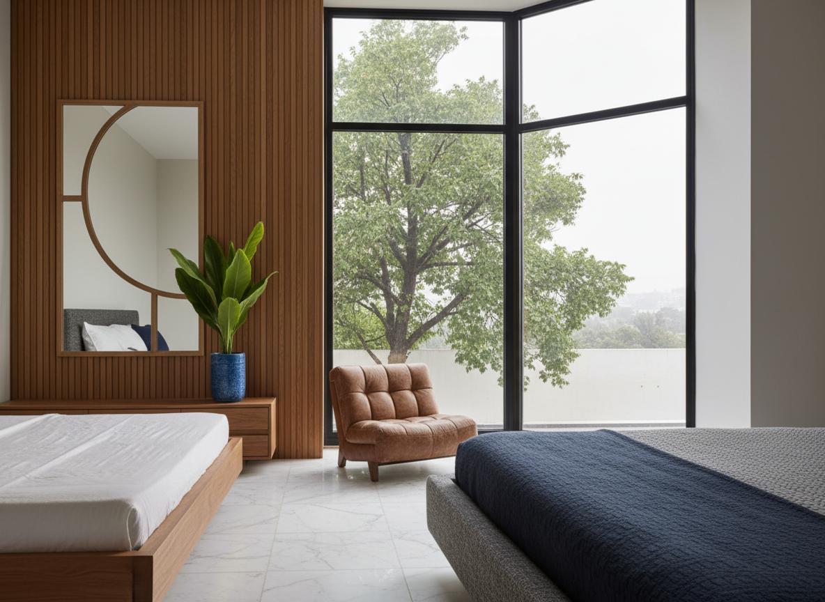 An incredibly lifelike, richly detailed, photorealistic interior photograph of a bedroom with a vintage aesthetic, trending on Pinterest. The scene is illuminated by soft, natural light filtering in from a large, expansive window, creating a warm and inviting atmosphere. Captured with a wide-angle lens, emphasizing the spaciousness and the harmonious blend of natural and man-made elements. The focal point is a plush, tufted armchair positioned near the window, its rich brown leather showing subtle signs of wear, hinting at its age and a comfortable history. Beyond the armchair, through the clear glass of the large window, a vibrant green tree with dense foliage is visible, its branches reaching upwards as if to embrace the daylight. The window frame, rendered in a sleek, black aluminum, provides a modern contrast to the otherwise classic feel. To the left, a wall paneled with vertical wooden slats suggests a mid-century modern influence, its warm, rich tones exuding a sense of natural elegance. Against this backdrop, a striking blue, irregularly shaped mirror, framed in a subtle gold, reflects a portion of the room, adding a pop of color and visual interest. A tall, leafy plant in a blue ceramic vase sits on a low wooden console, its greenery a refreshing counterpoint to the darker, more subdued tones elsewhere. In the foreground, a portion of a low-profile bed with dark, textured upholstery in shades of navy and brown is visible, its clean lines and rich fabric adding to the room's sophisticated yet cozy character. The overall effect is one of serene, timeless design, inviting relaxation and contemplation.