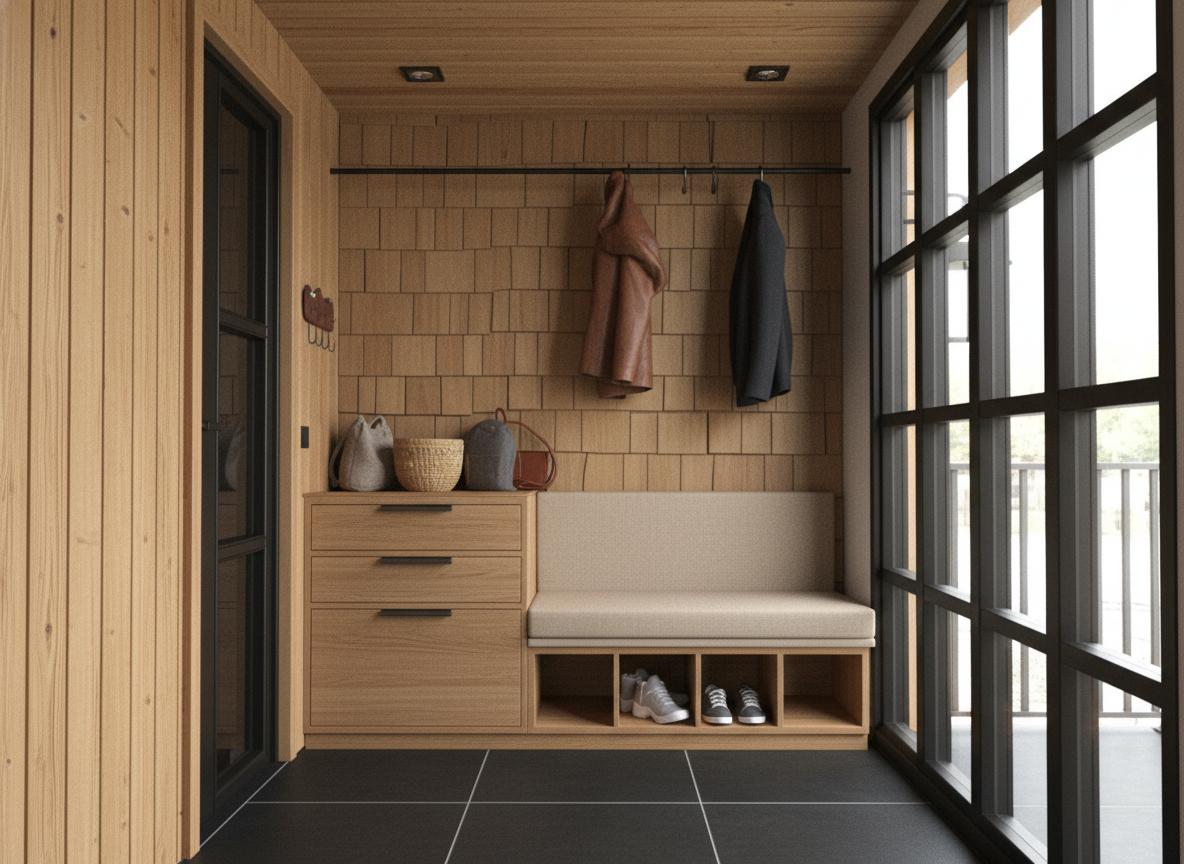 An interior photo of a modern entryway, captured at midday during autumn, creating an atmosphere of contemporary elegance. Natural light streams in through a large, black PVC grid window, illuminating the space. The walls are clad in warm wood tones, contrasted by a decorative wall of textured wooden shingles behind the main furniture. A sleek wooden storage unit with three drawers and an open shoe compartment is complemented by a beige upholstered bench. Above the drawers, woven baskets, a handbag, and a backpack rest on the surface, while a metal rod holds a leather jacket and a blue jacket. The floor is a matte black, non-slip finish. Neutral lighting comes from recessed ceiling spotlights, balancing the soft natural light. A key organizer is mounted near the main door, adding to the functional and minimalist design. The perspective is at eye-level, offering a clear view of the thoughtful arrangement and rich textures.