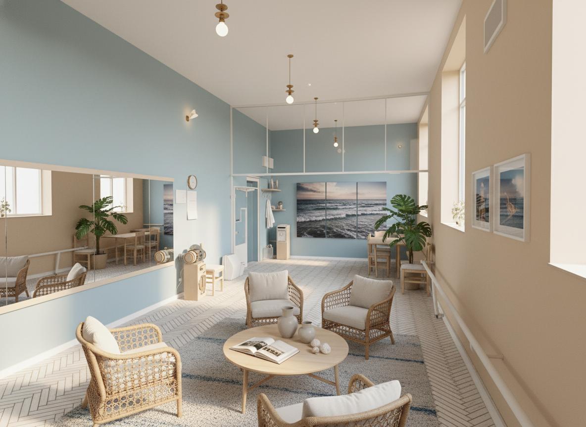 An incredibly lifelike, richly detailed, photorealistic interior photo of an exhibition space set in a coastal environment. The scene is illuminated by soft midday sunlight streaming through large windows, creating an airy, light, and fresh atmosphere, hinting at a gentle coastal breeze. Captured with a wide-angle lens, emphasizing the clean, uncluttered surfaces and the interplay of light and shadow. The original sparse room is transformed into a serene haven inspired by a nautical, beachy aesthetic. Walls are painted in soft shades of blue and sandy neutrals, a stark contrast to the previous blush tone. The parquet flooring remains, but is subtly enhanced with a light whitewash to amplify the airy feel. Dominating one wall is a large-scale seascape wall art, its blues and greens mirroring the imagined distant ocean. The large mirrors are retained, reflecting the light and creating a sense of even greater space, but the utilitarian tables and chairs are replaced with a curated selection of wicker and light-grained wooden furniture, including comfortable armchairs and a low coffee table, perfect for guests browsing a photography book. Minimalist shelving displays a few carefully chosen coastal decor items – perhaps some smooth, sea-worn pottery and a collection of shells – and a couple of potted green plants add life and color. The overall impression is one of relaxed, casual elegance, an inviting space that feels both open and intimately connected to the imagined sun-kissed, breezy seascape just beyond the windows.