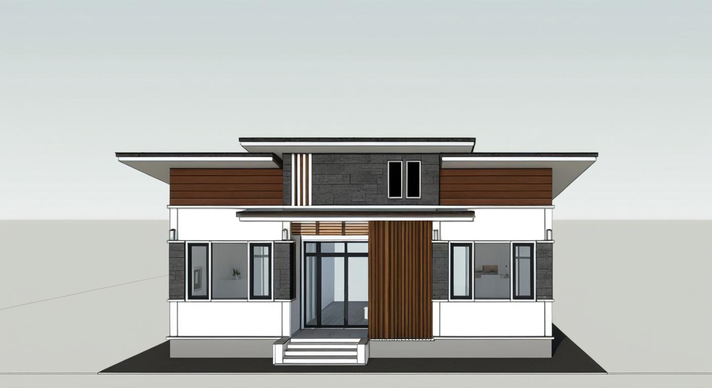 An incredibly lifelike, richly detailed, photorealistic architectural photo of a single-story house exterior set in a bright, midday spring environment. The scene is illuminated by a clear sky, creating a cheerful and airy atmosphere. Captured with a wide-angle lens emphasizing the clean lines and horizontal emphasis of the modern design, with hints of shabby chic in the envisioned interior visible through the large glass entryway. The building features a low-pitched, cantilevered roof with dark brown soffits and fascia, contrasting with crisp white walls. Dark cedar wood paneling accents the upper facade and flanking the entrance, interspersed with textured stone cladding around the lower windows, a characteristic of shabby chic. Multiple large windows with dark frames offer glimpses into a minimally furnished interior, suggesting a casual elegance. The composition is balanced, with the central entryway drawing the eye, flanked by symmetrical window placements. Implied landscaping would include soft greenery and perhaps a hint of weathered outdoor furniture, evoking a relaxed, trending on Pinterest aesthetic. The rendering quality would exhibit sharp details, subtle shadows defining the architectural forms, and a shallow depth of field to subtly blur the background, highlighting the house as the primary subject.