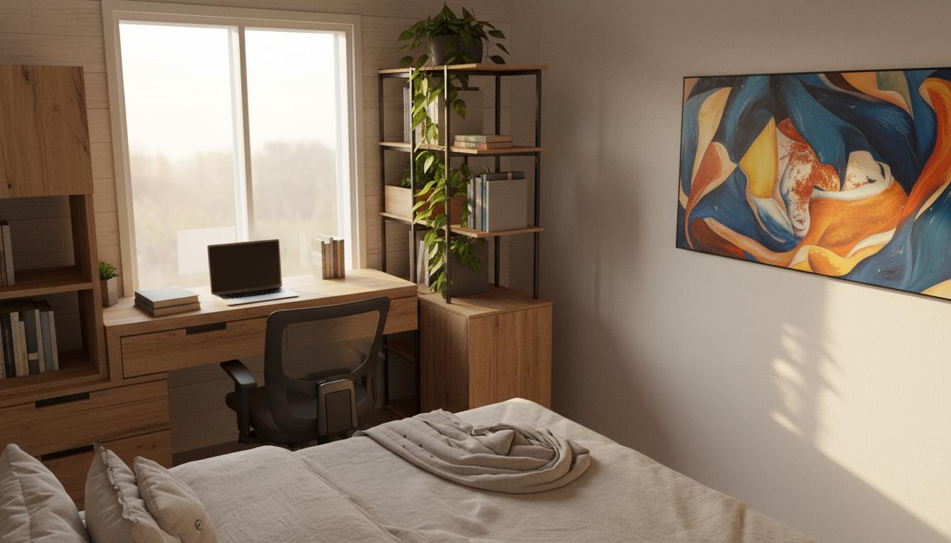 An incredibly lifelike, richly detailed, photorealistic interior photo of a rustic bedroom set in a cozy rural environment. The scene is illuminated by a soft, warm sunrise, casting gentle golden hues across the room, creating a tranquil and inviting atmosphere. Captured with a wide-angle lens, emphasizing the wood grain textures of the walls and furniture, and the soft folds of the rumpled duvet on the bed, this rendering masterfully balances the rustic charm of the space with modern functionality. The wooden desk, paired with a sleek mesh-backed chair, sits beneath a large window offering a muted view of the outdoors, while an industrial-style shelf unit displays books and lush greenery, adding a touch of bohemian elegance. A vibrant, abstract artwork hangs on the wall, providing a focal point of contrasting color against the otherwise earthy palette, a detail trending on Pinterest.