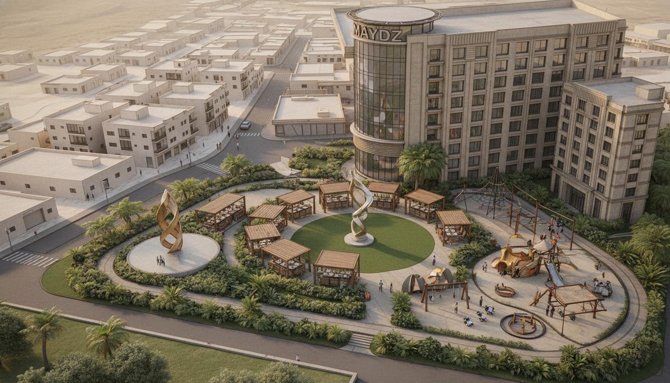 An incredibly lifelike, richly detailed, photorealistic aerial view of a vibrant urban oasis set in a densely built, arid environment. The scene is illuminated by a soft, late afternoon sun, casting long shadows and creating a warm, inviting atmosphere. Captured with a wide-angle lens, emphasizing the lush, meticulously landscaped garden and surrounding buildings with their weathered, light-hued facades and classic architectural details.

The focal point is an expansive, circular garden featuring a manicured central lawn and a striking, abstract metal sculpture with a golden, brushed finish. Surrounding this are numerous open-air dining pavilions, each with a rustic wooden pergola and set tables, presenting a shabby chic aesthetic with their simple yet charming design. Lush tropical foliage, including palm trees and dense greenery, lines the pathways and borders, creating a striking contrast to the rigid urban fabric.

To the right, a dynamic and colorful playground area bursts with activity, featuring modern play structures, slides, swings, and climbing nets, suggesting a lively community hub. Adjacent to the garden stands a modern, multi-story building with a curved glass facade bearing the "MAYDZ" logo, appearing as a contemporary landmark amidst older, block-style residential buildings stretching into the hazy distance. A second, taller, classical building with a stone-like finish and repetitive window patterns stands imposingly beside the glass structure, hinting at mixed-use development. Miniature figures, seemingly enjoying the amenities, add a sense of scale and life to the meticulously rendered scene. Reflections subtly play across the glass facade of the MAYDZ building, adding to the photorealistic depth, while the overall composition highlights the integration of recreational and commercial spaces within a developing cityscape, trending on Pinterest for its appealing blend of modern design and natural elements.