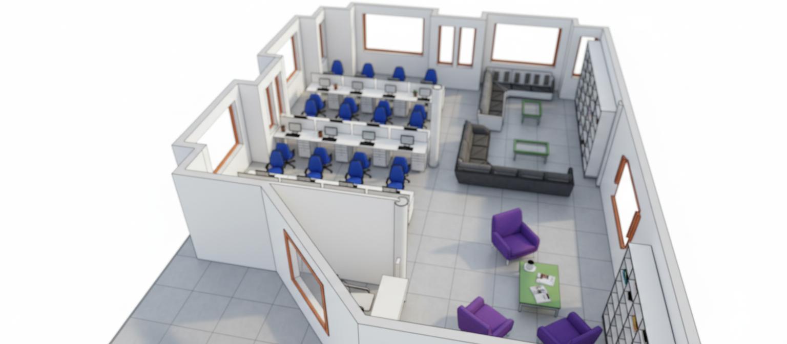 An incredibly lifelike, richly detailed, photorealistic interior photo of a vibrant, modern office space set in a sun-drenched summer environment. The scene is illuminated by natural midday light streaming through large, rectangular windows framed in warm, subtle terracotta, creating a bright and energetic atmosphere. Captured with a wide-angle lens, emphasizing the spacious layout and the orderly rows of sleek, white desking units equipped with contemporary computer monitors and a fleet of striking royal blue ergonomic chairs, all set against a muted grey tiled floor. To the right, a sophisticated L-shaped counter with dark, textured upholstery and vibrant purple seating arrangements for a collaborative lounge area, juxtaposed with minimalist green-accented coffee tables, invites relaxed interaction. The walls are a clean, neutral palette, accented by framed rectangular panels with a warm orange border, adding a touch of graphic interest. The depth of field subtly blurs the background elements, drawing the viewer’s eye to the functional and inviting work zones and the engaging lounge area.