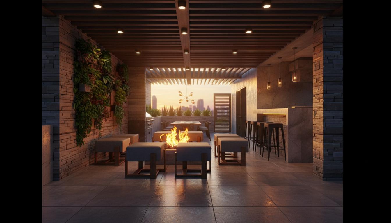 Inside photo of a rooftop garden, an autumn sunset casts a warm, dramatic glow, creating a neon noir atmosphere. The scene is illuminated by the soft, golden light of sunset and the flickering flames of a central fire pit, with the subtle glow of strategically placed garden lights adding depth. Captured with a wide-angle lens, emphasizing the textured stone walls, rich wooden slatted ceiling, and the lush green of vertical gardens. The space features a modern grill, ample seating around the fire pit, and a sleek bar area with minimalist stools. The perspective draws the eye through the open-air space, hinting at the urban landscape beyond, while reflections on the polished floor tiles and the interplay of light and shadow enhance the photorealistic quality of the rendering.