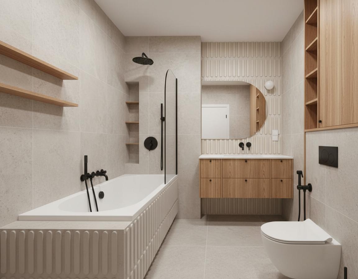 An incredibly lifelike, richly detailed, photorealistic interior photo of a rustic bathroom bathed in a soft, diffused natural light, suggesting an overcast sky or a north-facing window. The scene is illuminated in a way that creates a serene and tranquil atmosphere. Captured with a wide-angle lens, expertly emphasizing the textured finishes and the harmonious geometry of the space. The walls are clad in large-format, light beige tiles with a subtle, rough-hewn texture, evoking a natural stone feel. Adjacent to the bathtub, a vertical ribbing pattern on the surrounding material adds a tactile dimension. The bathtub itself is a clean, modern white, contrasted by a sleek black base. Above the vanity, a unique, oval-shaped mirror with a rounded top is centered above a floating wood-veneer cabinet with multiple drawers, each featuring minimalist circular pulls. The backsplash behind the vanity showcases a delicate, vertical fluted tile in a warm off-white. To the right, a floor-to-ceiling built-in cabinet unit, also in a warm wood veneer, offers ample storage with open shelving at the top and closed cabinets below. A wall-mounted toilet with a bidet sprayer is neatly integrated into the design. The floor is covered in large, light grey tiles with a subtle, organic pattern, completing the rustic yet refined aesthetic of this inviting bathroom.