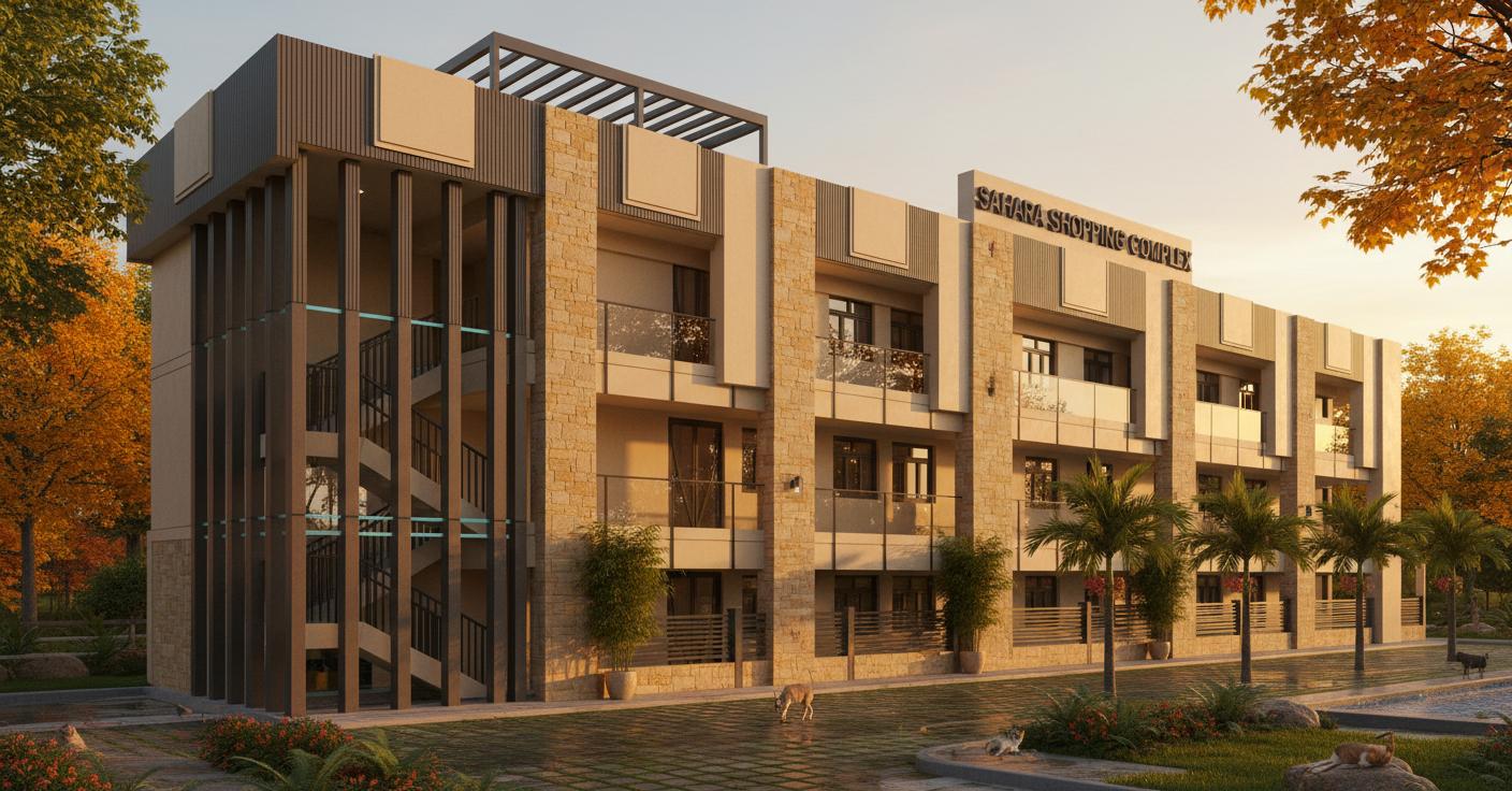 An incredibly lifelike, richly detailed, photorealistic architectural photograph of a modern commercial building, the "Sahara Shopping Complex," set within a vibrant autumn landscape. The scene is illuminated by the enchanting golden light of a setting sun, casting long shadows and highlighting the warm hues of the surrounding trees, which display a spectrum from deep greens to bright yellows. Captured with a Canon EOS 5D Mark IV and an EF 24mm f/1.4L II USM lens set at f/2.8, the image features a dynamic, mid-scale residential facade design with a depth of field that draws the eye to the building's intricate details.

The facade masterfully blends different materials, showcasing innovative and aesthetically pleasing design. The lower portion of the building, up to 3 meters, is clad in limestone, while above this, the first floor boasts a homestead brown stone-coated exterior paint. A striking contrast is created by dark bush-hammered stone up to a height of 3 meters, complemented by a gunmetal color at the coping on top of the building. The porch columns are accented with one-inch tan rustic stone cladding, creating a warm, inviting entrance. The building features large windows with powder-coated gunmetal frames and beige trims, reflecting the subtle light and hinting at a minimalist haven within. A pergola with gunmetal powder-coated crossbeams is strategically placed above the porch on the flat roof, adding a layer of architectural interest.

The exterior lighting is thoughtfully integrated, with visible light fittings that enhance the building's presence as dusk approaches. The landscaping is a key element, with lush bamboo pots at the front, flowers and ferns adorning the grounds (except for the immediate area around the porch stones), and majestic Royal Palms lining the driveway. The driveway and pathways are defined by kerb stones, and the grass paving blocks are wet, creating gentle reflections of the ambient light. A mild steel balustrade overlooks a pool, suggesting an element of leisure within the commercial complex. The crisp lines of the structure are emphasized by the interplay of light and shadow, a hallmark of archdaily-style architectural photography, with height contrasts and unique material patterns adding depth and realism. The overall composition is clean and balanced, highlighting the facade as the focal point and evoking a sense of sophisticated modernity in a serene autumnal setting, with the subtle presence of local wildlife like dogs, cats, butterflies, and birds adding a touch of life to the rock gardens.