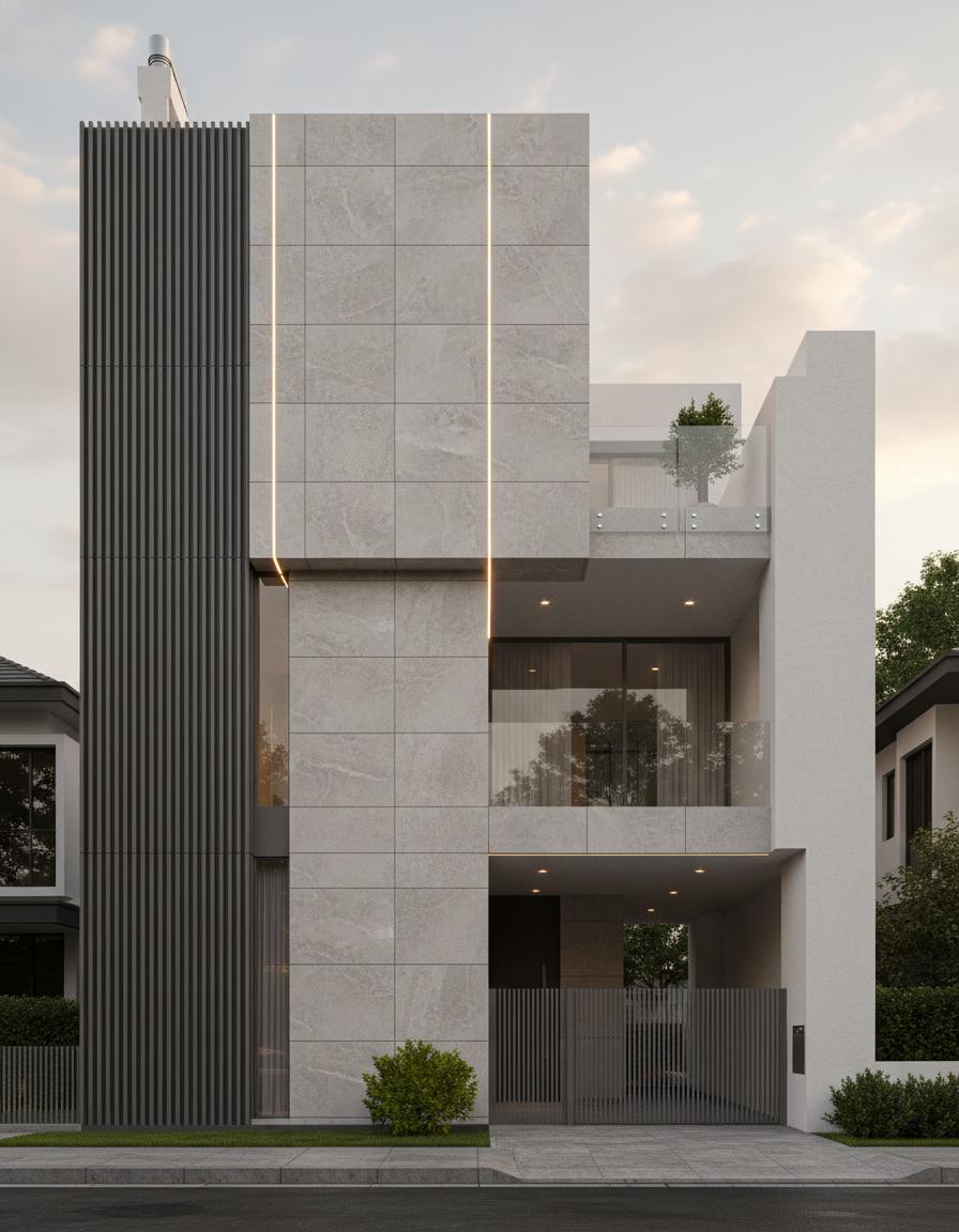 An incredibly lifelike, richly detailed, photorealistic architectural photograph of a modern house exterior set in a softly lit, slightly overcast environment suggesting late afternoon. The scene is illuminated by a diffuse, gentle light that casts soft shadows, creating a serene and inviting atmosphere. Captured with a wide-angle lens, emphasizing the building's striking geometric facade, with careful attention to the interplay of textures and the crisp lines of its design.

The house presents a sophisticated, contemporary aesthetic with a strong emphasis on materiality. The primary facade is clad in large-format, light grey stone tiles with a subtle, textured finish, reminiscent of honed marble or high-quality porcelain stoneware. These stone panels are interrupted by bold, linear elements. Thin, warm LED strip lights are integrated vertically along the edges of some stone slabs and horizontally above window openings, providing subtle illumination and accentuating the building’s architectural geometry. A prominent feature is the textured, vertical metal fins in a dark grey finish, arranged in a rhythmic pattern along a significant portion of the left facade, adding depth and a sense of dynamic screening.

The building's form is a series of stacked and intersecting volumes, characterized by clean white rendered surfaces that contrast with the stone and dark metal elements. A cantilevered upper floor, which appears to be a balcony or private terrace, is enclosed by a sleek, transparent glass railing supported by minimalist grey metal brackets, offering a glimpse of a potted tree within. Below this, a deeper recessed volume creates shadowed areas, highlighting the building’s layered composition. The main entrance is framed by a modern metal gate with vertical slats.

The landscaping is minimal yet effective, with a small, vibrant green shrub strategically placed at the base of the facade, its lushness providing a natural counterpoint to the hard architectural materials. Paved walkways and a street frontage suggest an urban or suburban context. The overall impression is one of refined elegance and architectural precision, a luxurious dwelling designed with a keen eye for detail and a sophisticated material palette. The rendering quality is exceptionally high, with realistic reflections on the glass elements and a subtle depth of field that draws the viewer's eye to the main building. The camera angle is slightly elevated, providing a commanding yet approachable view of the property.