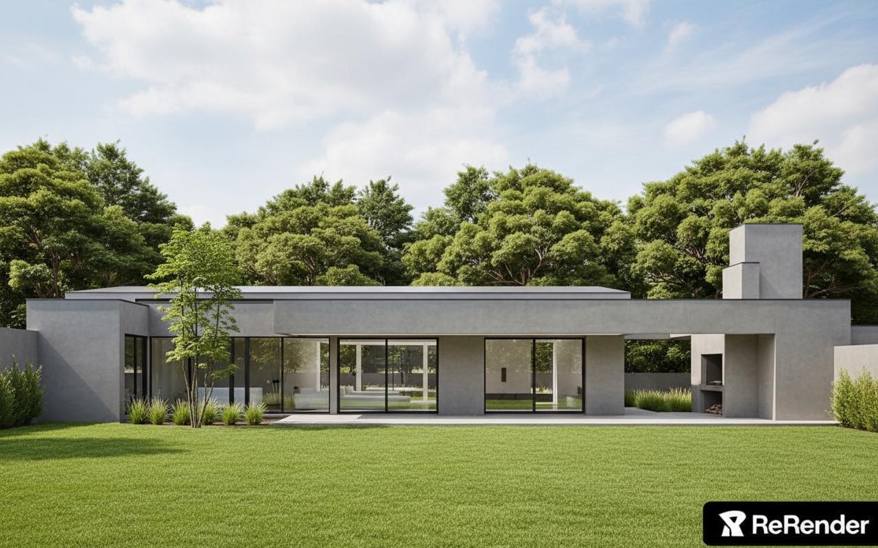 An incredibly lifelike, richly detailed, photorealistic architectural photo of a modern, single-story home exterior set in a lush, green landscape. The scene is illuminated by bright, natural daylight under a partly cloudy sky, creating a crisp and inviting atmosphere. Captured with a high-resolution camera simulating a wide-angle lens, emphasizing the clean lines of the architecture and the textured surfaces of the gray stucco and glass. The composition showcases a low-profile structure with expansive floor-to-ceiling windows that reflect the verdant surroundings and the blue sky, juxtaposed against a backdrop of mature trees. The building's exterior features a sleek, minimalist design with sharp angles and flat roofs, accented by a prominent, multi-level chimney-like structure that creates a sense of verticality. Visible through the glass is a glimpse of a bright, open interior with modern furnishings, hinting at a seamless flow between indoor and outdoor living spaces. The manicured lawn and strategic landscaping, including ornamental grasses and a slender tree, enhance the building's contemporary aesthetic, presenting a harmonious blend of modern architecture and natural beauty.