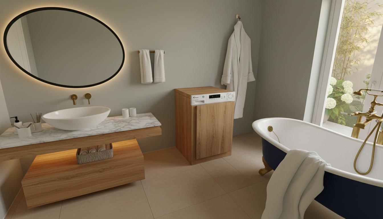 An incredibly lifelike, richly detailed, interior photo of a luxurious hotel bathroom set in a modern urban dwelling. The scene is illuminated by soft, diffused ambient light, with accents of warm LED strip lighting beneath the vanity, creating a serene and opulent atmosphere. Captured with a wide-angle lens, emphasizing the seamless flow between the functional areas, the key textures include the cool, reflective surfaces of the integrated sinks, the polished chrome fixtures, and the crisp white marble vanity with subtle veining.

This reimagined design elevates the original by embracing a more cohesive and sophisticated aesthetic. The stark white walls are replaced with a calming, muted sage grey that provides a richer backdrop. The black marble countertop retains its dramatic appeal but is now paired with a custom vanity featuring clean, minimalist lines and a floating design, fabricated from a warm, reclaimed oak. The oval basin sink is now a sleek, undermounted ceramic design, creating a seamless transition from the countertop. The washing machine, while functional, is integrated into a custom cabinetry unit with a matching oak veneer, disguising its utilitarian nature and maintaining the room's elegant flow. Above, the large oval mirror's black frame is replaced with a slimmer, brushed brass frame, echoing the new fixture finishes, and its position is slightly lowered to enhance the feeling of intimacy. The freestanding clawfoot bathtub remains a focal point, its black exterior now finished in a deep, midnight blue lacquer, providing a striking contrast to the otherwise predominantly white and wood interior; the opulent gold-toned faucets and hardware are retained but are now a more refined brushed brass finish, offering a touch of modern glamour.

The composition is designed for ultimate relaxation and functionality. The vanity area to the left is a dedicated grooming station, with ample counter space and intelligent storage solutions hidden within the oak cabinetry. The washing machine is discreetly housed, allowing the main view to focus on the luxurious bathing experience at the far end of the room. The floor tiling is updated from the original geometric pattern to larger format, matte porcelain tiles in a soft, sandy beige, providing a warmer, more natural feel. The lighting is layered, with the overall ambient glow complemented by task lighting at the vanity and subtle uplighting that highlights the textured wall finishes or a piece of art.

The imagined exterior view beyond an imagined, frosted glass door or a strategically placed window looking out onto a tranquil private garden terrace, perhaps blooming with white hydrangeas or slender bamboo, would offer a serene visual escape. This connection to the outdoors, even if implied, enhances the spa-like atmosphere. We envision the time of day as late afternoon, when the sunlight is golden and casts long shadows, contributing to the room's tranquil aura.

The space is designed with human scale and functionality in mind, ensuring comfort and ease of use. Proportions are balanced, with the vanity and bathtub serving as anchor points. The use of tactile materials like the brushed brass, warm oak, and soft porcelain tiles invite touch and create a sense of grounded luxury. The reflective surfaces of the mirror and chrome, juxtaposed with the matte finishes, add depth and sophistication, creating a sanctuary for rejuvenation.