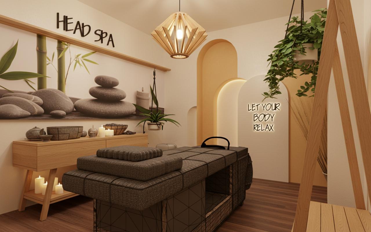 An interior, photorealistic rendering of a serene spa room with a distinct Japanese Zen influence. The scene is softly illuminated by ambient light, emphasizing a feeling of tranquility and relaxation. Captured with a wide-angle lens, this image highlights the calming aesthetic, focusing on the warm wood tones, smooth, rounded archways, and the subtle textures of the spa's natural materials. A low shelf unit made of light oak displays ceramic teapots, stone bowls, and decorative candles, hinting at traditional spa rituals. In the center, a massage bed, seemingly covered in plush, dark fabric, is ready for use. Above, a striking geometric wooden pendant light hangs, casting a warm glow. Behind the massage bed, a large mural featuring balanced stones and bamboo creates a calming backdrop, with the words "HEAD SPA" elegantly inscribed above. The room's walls feature soft, arching partitions in muted cream and ochre tones, one of which is subtly illuminated with text that reads, "LET YOUR BODY RELAX." Lush green hanging plants add a touch of biophilic design, bringing life and freshness into the space. The floor is finished with a dark, wood-plank material, adding depth and sophistication. The composition is balanced, drawing the eye through the space to the tranquil mural and the inviting massage bed, all while evoking a sense of peaceful escape.