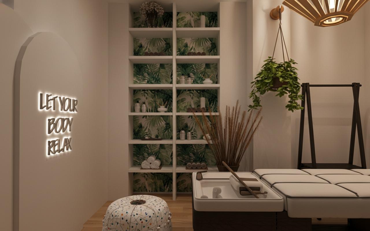 An incredibly lifelike, richly detailed, photorealistic interior photo of a hotel bathroom with a Japanese Zen aesthetic. The scene is illuminated by soft, ambient light emanating from a unique, geometric wooden pendant light fixture, creating a serene and calming atmosphere. Captured with a wide-angle lens from a slightly elevated perspective, the rendering emphasizes the sleek, minimalist design. A prominent arched doorway with the illuminated inscription "LET YOUR BODY RELAX" in white, embossed lettering welcomes visitors. To the right, a floor-to-ceiling shelving unit displays an assortment of minimalist bottles and white ceramic vases, backed by a lush, abstract depiction of green foliage, evoking a sense of natural tranquility. A plush ottoman, upholstered in a whimsical pattern of colorful dots on white, sits nearby. In the foreground, a dimly lit, wireframe rendering of a massage table suggests understated luxury, juxtaposed with a tall vase of dried reeds that adds a touch of organic texture. A black wireframe easel stands to the right, hinting at a space for contemplation. A hanging potted plant with vibrant green leaves dangles from the ceiling, further enhancing the natural, serene ambiance. The overall impression is one of sophisticated simplicity and a profound sense of peace.