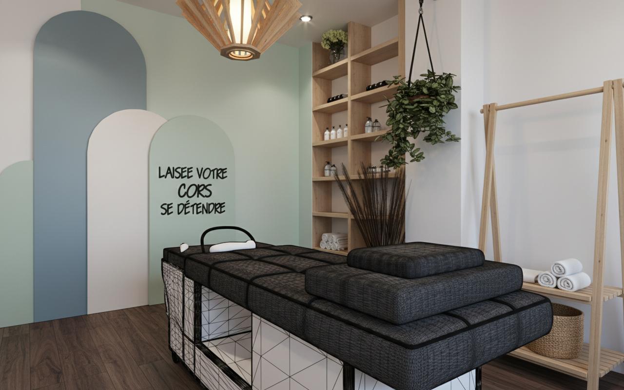 An incredibly lifelike, richly detailed, photorealistic interior photo of a serene spa room set within a contemporary hotel. The scene is illuminated by soft, diffused lighting from a unique wooden pendant light fixture overhead and a subtle, recessed spotlight, creating a tranquil and calming atmosphere that evokes a Japanese Zen aesthetic. Captured with a wide-angle lens, emphasizing the clean lines and organic shapes within the space, the rendering showcases a plush massage bed with dark upholstery. To the left, a series of arched, pastel-colored panels create a visually dynamic backdrop, with one panel prominently featuring the inviting French text "Laissez votre corps se détendre." To the right, an open shelving unit showcases small glass bottles and decorative items, a lush hanging plant drapes gracefully, and a minimalist wooden clothing rack stands ready. The dark, wide-planked flooring grounds the scene, adding to the spa's sophisticated and peaceful ambiance.