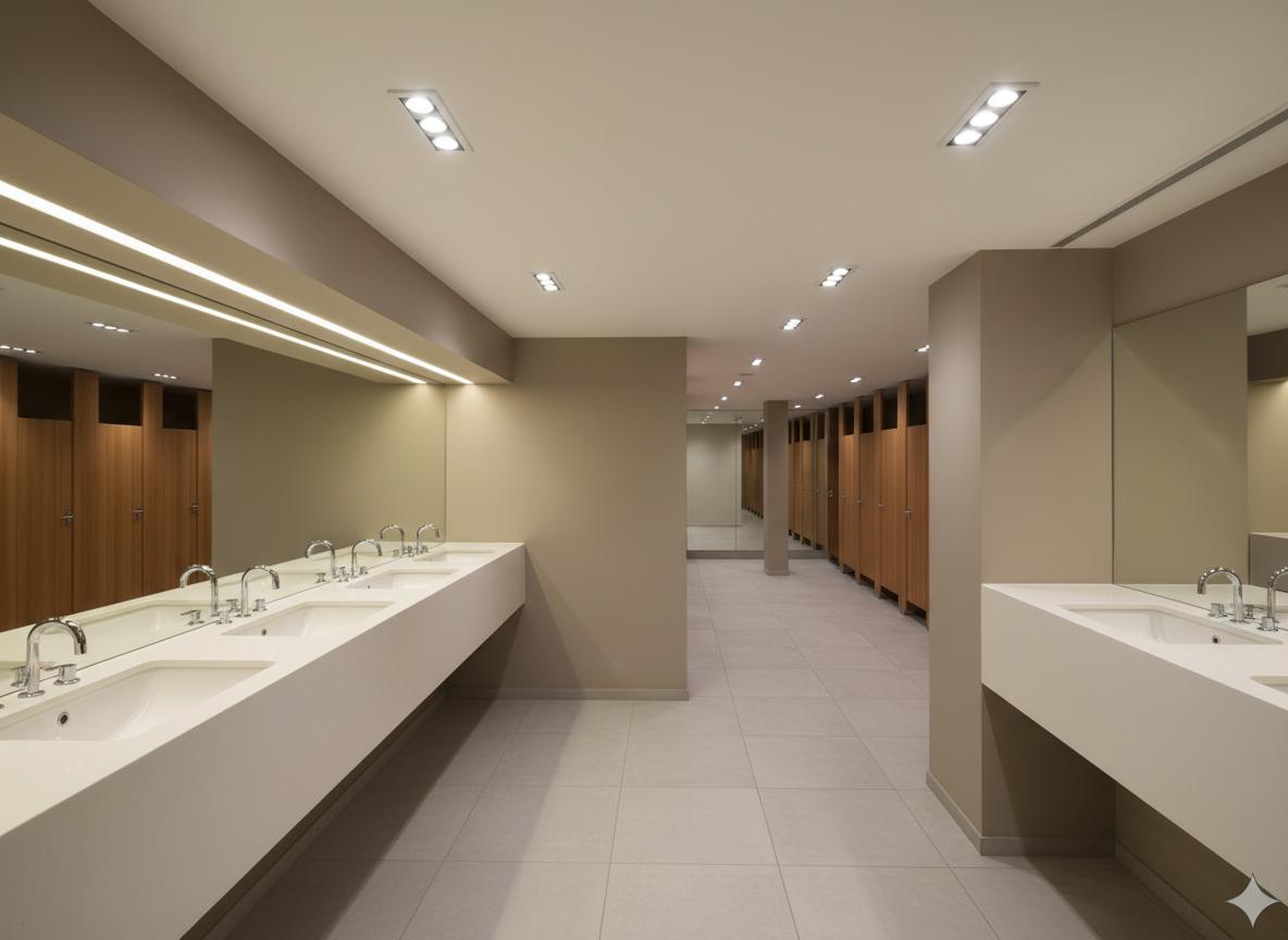 An incredibly lifelike, richly detailed, photorealistic interior photograph of a hotel bathroom set within a modern, minimalist architectural context. The scene is illuminated by subtle, recessed ceiling lights and soft, linear LED strips embedded in the wall and above the expansive vanity mirrors, creating a warm and inviting atmosphere. Captured with a wide-angle lens, the rendering emphasizes the sleek, elongated white porcelain sinks set against a muted taupe wall, reflecting the clean lines of the polished chrome faucets. The floor is finished with large, pale grey ceramic tiles, exhibiting a subtle texture that guides the eye towards the parallel rows of semi-private stalls with their warm, natural teak wood doors, reminiscent of mid-century Scandinavian design. The overall impression is one of uncluttered elegance and functional simplicity, with a focus on natural materials and a serene palette of earth tones, designed to feel both comfortable and timeless. Reflections in the ample mirror surfaces extend the sense of space, while the clean lines of the stalls and the polished surfaces contribute to a distinctly mid-century modern aesthetic.