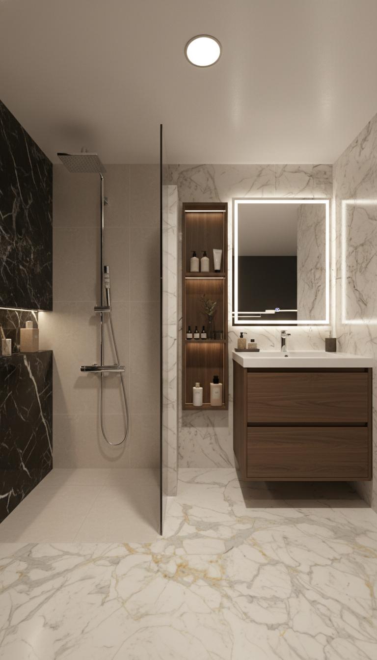 An incredibly lifelike, richly detailed, photorealistic interior photo of a contemporary hotel bathroom exuding an aura of sleek elegance. The scene is illuminated by soft, diffused lighting emanating from a modern ceiling fixture and the subtle backlighting of a tall, narrow shelving unit, creating a serene and inviting atmosphere. Captured with a wide-angle lens that emphasizes the spaciousness and clean lines of the room, the rendering masterfully showcases a striking contrast between textures and colors. The left wall features a dramatic expanse of dark, polished marble with subtle, swirling veins, transitioning into a tiled shower enclosure. Opposite, a richly veined, lighter grey marble forms the backdrop for a floating wooden vanity with smooth, handleless drawers and a crisp white countertop. A large, backlit mirror above the vanity reflects a dark, serene expanse, adding depth. The floor is a beautiful cream marble with delicate, flowing patterns, leading the eye from the entrance to the shower area, which is comprised of larger, light beige tiles. The overall style of the room is clean, modern, and elegant, with the juxtaposition of dark and light marbles, the warm wood tones of the vanity, and the subtle illumination, creating a luxurious and tranquil spa-like environment.