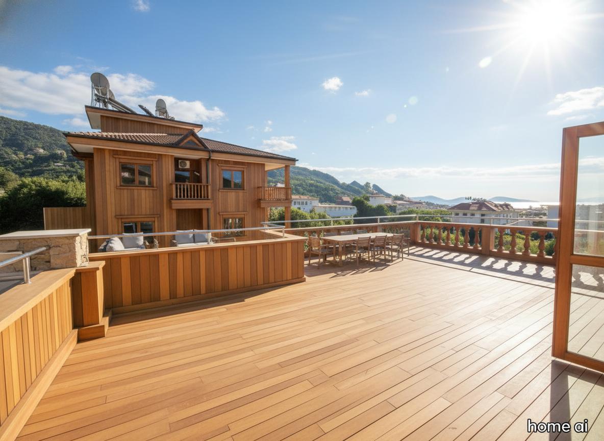 An incredibly lifelike, richly detailed, photorealistic architectural photo of a spacious, contemporary terrace set in a scenic, mountainous coastal environment. The scene is illuminated by bright, direct sunlight, creating a warm and inviting atmosphere with sharp shadows and a dazzling lens flare in the upper right corner. Captured with a wide-angle lens, emphasizing the expansive wooden decking and the stunning panoramic view, this shot highlights the smooth, linear grain of the wood flooring and the warm, natural tones of the surrounding wooden railings and the building's facade. The building itself, clad in warm-toned wood, features clean lines and multiple windows, suggesting a modern yet cozy dwelling. A large, open wooden door on the right hints at an interior space, while the ornate wooden balustrade encircling the terrace adds a touch of classic charm to the contemporary design. In the distance, rolling hills meet the shimmering sea under a clear, cerulean sky. This open space is designed as a luxurious outdoor lounge and barbecue area, comfortably accommodating a group of eight, with ample room for relaxation and dining amidst breathtaking natural beauty.