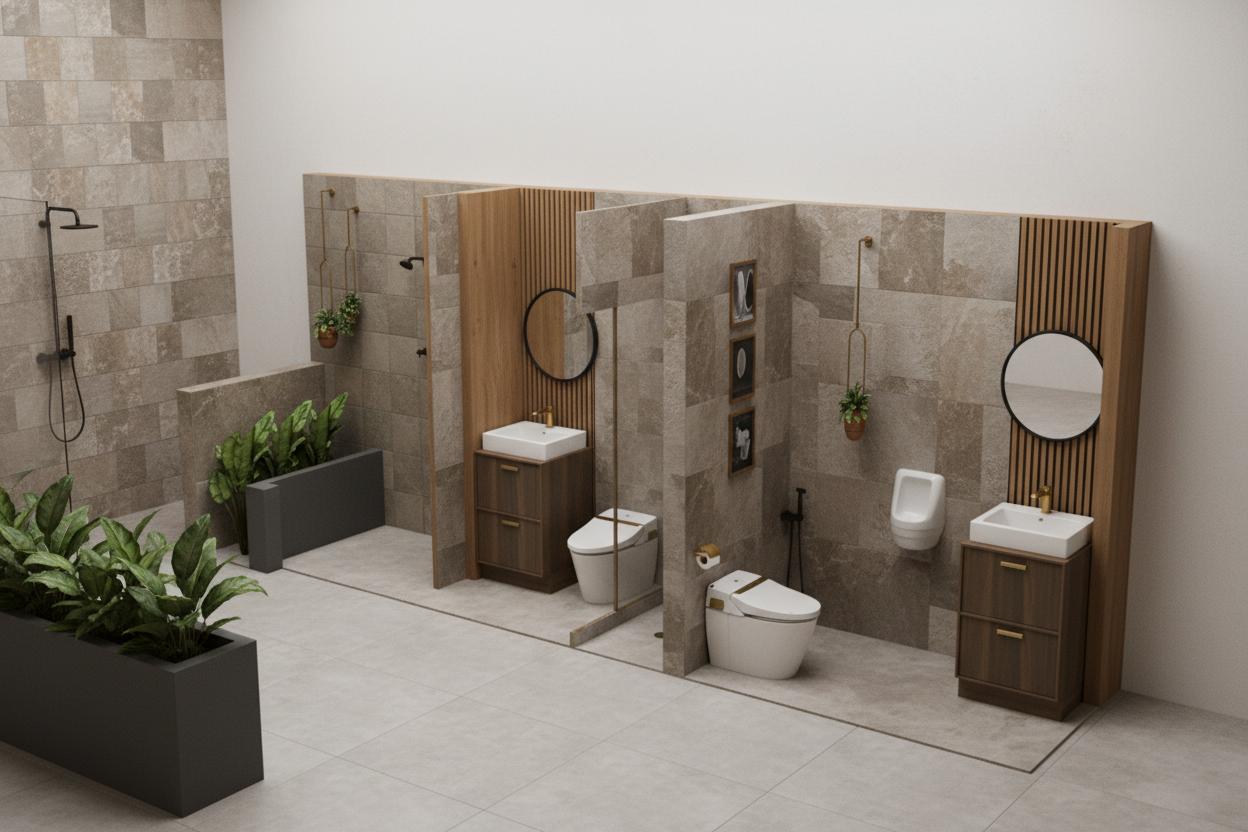 An incredibly lifelike, richly detailed, photorealistic interior photo of a rustic bathroom. The scene is illuminated by soft, diffused natural light, casting gentle shadows and creating a warm, inviting atmosphere. Captured with a wide-angle lens, the rendering emphasizes the textured stone-effect tiles on one wall, the warm wood slats adorning another, and the sleek, modern fixtures contrasted with the earthy tones of the wooden vanity cabinets. The composition showcases two distinct vanity areas, each featuring a minimalist countertop basin, a round mirror, and stylish brass-toned faucets. Lush greenery spills from a dark planter in the foreground, adding a touch of modern biophilic design, while the placement of toilets and a bidet subtly defines functional zones within the space. The overall aesthetic blends contemporary clean lines with rustic materials, creating a chic yet comfortable sanctuary that feels both luxurious and grounded, trending on Pinterest for its unique rustic interior design.