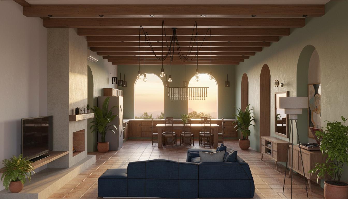 An incredibly lifelike, richly detailed, photorealistic interior photo showcasing a modern, luxurious living room with a rustic, Mediterranean open-concept design. The scene is illuminated by the warm, golden light of a summer sunset filtering through large, arched windows with wooden frames, casting long shadows and creating a cozy, inviting atmosphere. The high ceiling features exposed dark wooden beams, contrasting beautifully with the warm-toned stone walls and neutral clay-colored tiled floor. To the left, a fireplace with a wooden mantel is complemented by a sleek, modern flat-screen TV mounted above, while a comfortable, deep blue sectional sofa anchors the seating area. Further into the space, a wooden dining table with intricately designed chairs is illuminated by a striking chandelier that hangs from the ceiling, adding a touch of contemporary elegance. The kitchen area, painted in a subtle RAL CLASSIC 6013 green, features modern appliances and wooden cabinetry, blending seamlessly with the rustic aesthetic. On the right, a stylish wooden cabinet with a vintage vinyl record player and an abstract painting above it adds a personal, artistic touch. Lush green plants in terracotta pottery are strategically placed throughout, reinforcing the Mediterranean influence and adding a vibrant touch of life to this inviting and sophisticated space, captured with a wide-angle lens to emphasize the expansive and serene ambiance.