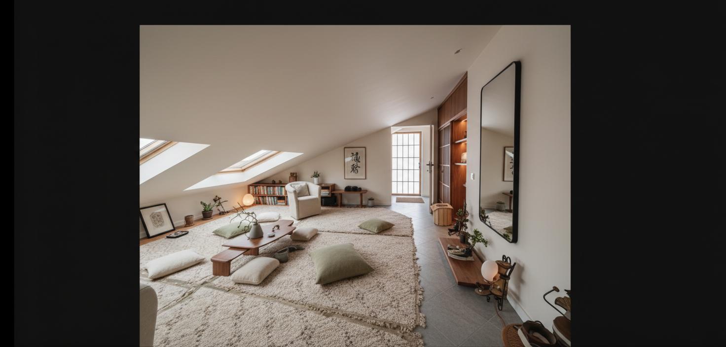 An incredibly lifelike, richly detailed, photorealistic interior photo of a multi-functional attic space, set within a tranquil Japanese onsen retreat. The scene is illuminated by soft, diffused natural light filtering through shoji screens and the warm glow of strategically placed dimmable lighting, creating a serene and inviting atmosphere. Captured with a wide-angle lens, emphasizing the seamless blend of mid-century modern aesthetics with traditional Japanese design, and highlighting the rich textures of natural wood, tatami mats, and smooth, cool stone finishes. The space is thoughtfully composed to offer distinct zones: a cozy library nook with built-in walnut shelves housing a curated collection of books and minimalist decor, a discreet dressing area featuring elegant wooden wardrobes and a full-length mirror, and an intimate onsen soaking area with a deep, stone-lined tub and adjacent relaxation seating. The color palette is soothingly neutral, leaning towards earthy tones of cream, beige, and soft greens, punctuated by the natural variations in wood grain and stone. Furniture includes low-profile, armless sofas upholstered in textured linen, a sleek, angular coffee table crafted from dark wood, and ergonomic floor cushions that invite comfortable contemplation. The clotes and utility for dress area is subtly integrated, with slatted wooden doors that conceal ample storage, maintaining the uncluttered aesthetic. Subtle Japanese accents, such as a minimalist ikebana arrangement and a single, striking piece of calligraphy art, add depth and cultural resonance. The proportions of the remodeled attic are balanced, with custom-built elements harmonizing with the natural angles of the roof, ensuring a sense of spaciousness and order. This reimagined space offers a private sanctuary, a perfect blend of comfort, functionality, and sophisticated design, evoking a sense of calm and restorative well-being throughout the day.