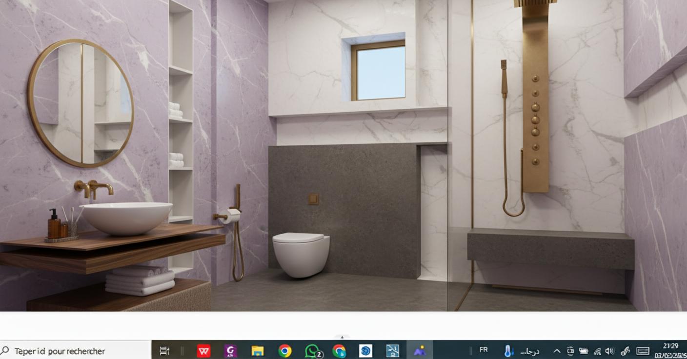 An incredibly lifelike, richly detailed, photorealistic interior photo of a hotel bathroom radiating contemporary elegance. The scene is illuminated by soft, diffused lighting, creating a serene and luxurious atmosphere. Captured with a wide-angle lens from a slightly elevated perspective, the rendering emphasizes the interplay of clean lines and reflective surfaces that define this modern sanctuary. The walls are adorned with exquisite marble-effect tiles, both in a striking lavender hue with delicate veining on the left and a bright, subtly textured white marble on the right and behind the toilet. These are punctuated by sleek, contrasting dark grey stone accents, adding depth and sophistication.

A minimalist floating vanity, capped with a rich, dark wood-effect surface, anchors the bathing area. Upon it rests a pristine white vessel sink, complemented by elegant brass fixtures that gleam under the light. Below the vanity, a stack of neatly folded white towels sits in a textured, neutral-toned basket, hinting at the impeccable service expected in a high-end hotel. Across from the vanity, a streamlined white wall-hung toilet is positioned against the white marble, its flush plate a discreet square detail.

The bathing zone is framed by clear glass, revealing a sophisticated shower system. A tall, multi-function shower panel in brushed metal features a handheld showerhead and multiple body jets, positioned above a dark, textured stone bench integrated into the wall, suggesting a spa-like experience. Above the toilet area, a small, recessed window with a pale blue glass insert offers a subtle touch of color and diffused natural light. Tall, open white shelving units to the left of the vanity provide ample, yet unobtrusive, storage. The floor, a smooth, dark grey material, provides a solid foundation for the entire composition, with subtle reflections hinting at its polished finish. The overall impression is one of immaculate design, where every element contributes to a feeling of calm, comfort, and refined luxury.