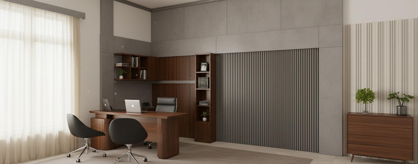 An incredibly lifelike, richly detailed, photorealistic interior photo of a timeless home office set in a sophisticated urban environment. The scene is illuminated by soft, diffused natural light streaming through large windows draped with sheer, elegant curtains, creating a serene and focused atmosphere. Captured with a professional wide-angle lens, this rendering emphasizes the striking interplay of textures: the warm, polished wood of the built-in cabinetry and desk contrasts beautifully with the cool, textured concrete wall panels and the subtle vertical stripes of the complementary wallpaper. The composition draws the eye to the central executive desk, featuring a dark wood top and a substantial, modern base, accessorized with a laptop and a sleek desk phone, hinting at productive work. Around the desk, a pair of ergonomic black chairs with polished chrome bases stand ready for action. To the right, a stylish chest of drawers with clean, horizontal lines and wooden accents adds a touch of retro charm, topped with a simple glass vase holding lush greenery. The overall aesthetic evokes a sense of vintage luxury and curated comfort, making it a space that is both aesthetically pleasing and highly functional, perfectly suited for quiet contemplation and focused work.