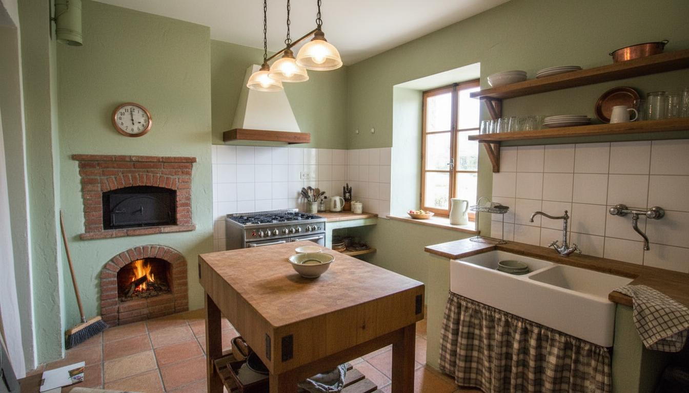 An incredibly lifelike, richly detailed, photorealistic interior photo of a rustic kitchen set in a cozy, sun-drenched countryside home. The scene is illuminated by soft, natural light streaming through a large window, creating a warm and inviting atmosphere. Captured with a wide-angle lens, emphasizing the textured plaster walls and handmade terracotta floor tiles. This reimagined kitchen embraces a chic, rustic aesthetic with a pastel green color palette. The walls are finished in a subtle sage green plaster, offering a gentle, organic feel. Instead of overhead cabinets, open wooden shelving crafted from reclaimed barn wood displays charming ceramic dishes and vintage cookware. A substantial butcher-block island with a distressed finish serves as the central workspace, complete with a farmhouse-style apron sink. A professional-grade gas range with a deep wood-burning oven offers a nod to traditional cooking methods. The lighting features a trio of pendant lights with hand-blown glass shades in an earthy amber hue, casting a soft glow. The atmosphere is one of tranquil, unhurried domesticity. The sounds of birds chirping can be faintly heard from outside, accompanied by the gentle crackle of a small wood fire in the oven. The arrangement of furniture is functional and flows gracefully, with the island providing a natural focal point. It is a space intended for hands-on cooking and shared meals, a sanctuary of simple elegance, where the beauty of natural materials and a soft, calming color scheme create a harmonious and deeply inviting environment.