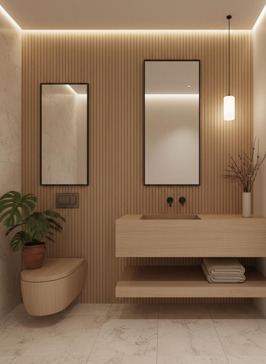 An incredibly lifelike, richly detailed, photorealistic interior photo of a Japandi contemporary living room set in a modern, minimalist home. The scene is illuminated by warm, inviting light from minimalist pendant lamps and unseen linear cove lighting, creating a serene and tranquil atmosphere. Captured with a wide-angle lens, emphasizing the natural textures of the ribbed, rough vertical lines on the wall behind the toilet and vanity, and the soft sheen of the neutral-toned floor tiles. In this reimagined space, the style embraces Japandi principles, blending Japanese minimalism with Scandinavian functionality. The once stark, monochromatic palette of the original bathroom is now interpreted as a living room, bathed in soft, neutral tones of warm beige, creamy off-white, and subtle earthy greys.

The dominant feature remains the striking textured wall, now a focal point of the living area, its vertical grooves adding depth and a tactile quality to the space. Complementing this are large-format, honed limestone floor tiles that provide a grounding, natural element. The proportions of the original toilet have been creatively reinterpreted and integrated into a long, low-profile floating credenza, its design softened and more organic, subtly suggesting the original's minimalist form. Above it, a broad, horizontal mirror with a slim, dark frame reflects the light and expands the perceived space. A simple, yet elegant wooden shelf, reminiscent of the original, now sits beneath the credenza, artfully displaying a stack of textured linen throws and a minimalist ceramic vase with dried botanicals, hinting at its functionality as a display shelf.

The original bathroom's suspended toilet has been reimagined as a sleek, wall-mounted television unit or a contemporary art piece integrated seamlessly into a lower, floating cabinet. The clean lines of the original are translated into a sophisticated, functional and inviting living space. Instead of the sterile feel, this reimagined room exudes warmth and character. A single, modern pendant light with a frosted glass shade hangs delicately, casting a soft, warm glow. Adding to the naturalistic and rustic elements, strategically placed planters with lush, verdant greenery introduce life and a touch of organic beauty. Linear LED lights are subtly hidden along the ceiling coving, bathing the room in a diffuse, ambient light that highlights textures and creates a cozy evening ambiance. The overall composition balances symmetry with the organic asymmetry of natural elements. The arrangement of furniture is intentional, with the credenza anchoring the room, balanced by comfortable, low-slung seating (not visible in the original but implied by 'living room') arranged for intimate conversation or solitary relaxation. The impression is one of quiet sophistication, where every element serves a purpose, contributing to a sense of calm and understated luxury.