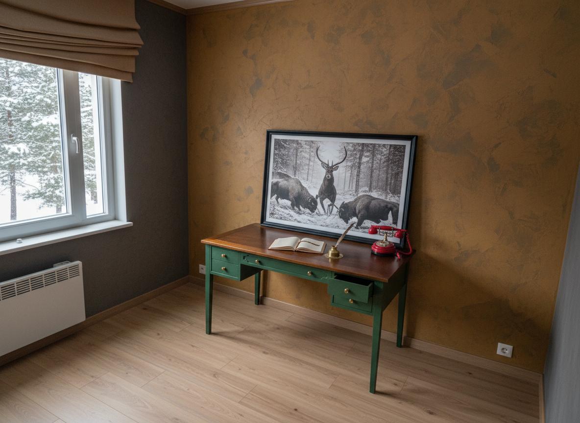 An incredibly lifelike, richly detailed, photorealistic interior photo of a home office set in a rustic cabin. The scene is illuminated by the diffused light of a winter afternoon filtering through a large rectangular window, creating a cozy and inviting atmosphere. Captured with a wide-angle lens, emphasizing the warm, textured plaster walls in a deep ochre and charcoal, the smooth finish of the light wood-plank flooring, and the subtle details of the green, antique-style desk. The existing elements—the rich ochre and charcoal textured walls, the deep green antique desk, the red rotary phone, the framed wildlife print, the discreet white radiator, and the Roman blinds—are seamlessly integrated into a classic, rustic design. Imagine the desk, centered under the framed photograph of deer and a bison, its drawers slightly ajar, hinting at its functional purpose. The Roman blinds, a warm, muted tan, are drawn halfway, allowing a soft, snow-dusted view of pine trees outside. On the desk, the red phone rests beside a leather-bound journal and a polished brass inkwell, suggesting a space for contemplation and writing. The flooring, a light, wide plank laminate, grounds the space with its natural, unvarnished look. The single framed print, its black frame providing a sharp contrast to the wall, features a dramatic monochromatic scene of forest animals, adding a touch of natural artistry. The heater, a simple white electric panel, is unobtrusively placed beneath the window. The overall composition is balanced, with the desk and artwork as the focal point, the window offering a connection to the outdoor environment, and the muted color palette enhancing the room's serene, rustic charm, evoking a sense of quiet solitude and creative inspiration.