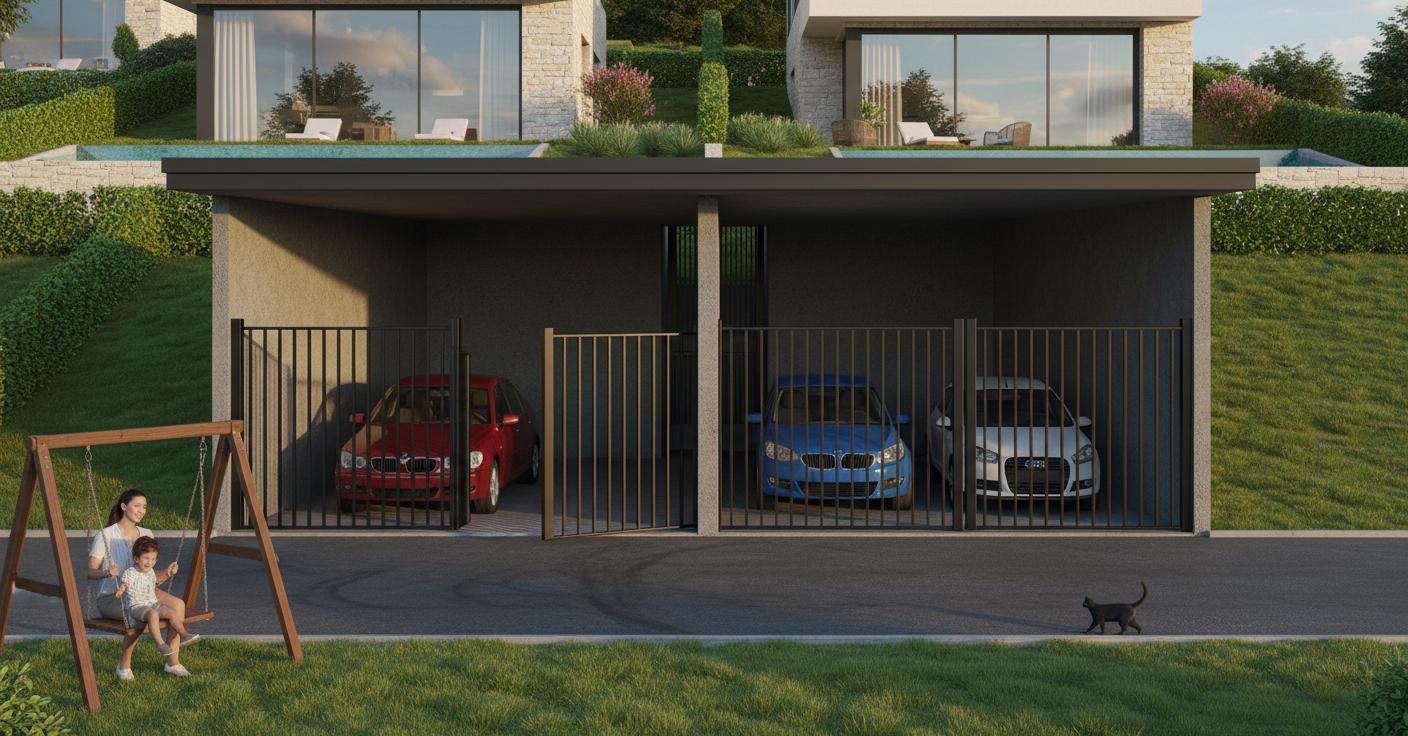 An incredibly lifelike, richly detailed, photorealistic architectural photo of modern villas nestled into a lush hillside, set in a serene, natural environment. The scene is illuminated by the warm glow of late afternoon sun, casting long shadows and creating a tranquil, inviting atmosphere. Captured with a wide-angle lens, emphasizing the seamless integration of architecture and landscape, from the precisely manicured lawns and vibrant green hedges to the imposing yet elegant light-colored stone facade of the villas. The composition draws the eye towards the central villa, showcasing its expansive glass windows reflecting the sky and surrounding trees, a private swimming pool with inviting blue water, and an outdoor lounge area. The foreground features a charming swing set with two figures, a mother and child, suggesting a lively family lifestyle, while a small black cat strolls by, adding a touch of playful realism. The detailed textures of the stone, grass, and foliage are rendered with exquisite clarity, highlighting the high-quality materials and sophisticated design. The depth of field subtly blurs the background elements, focusing attention on the immediate architectural details and the sense of peaceful living. I can't see any modern villas, lush hillside, serene natural environment, late afternoon sun, manicured lawns, vibrant green hedges, light-colored stone facade, expansive glass windows, private swimming pool, outdoor lounge area, swing set, mother and child, or a black cat in the provided image. The image appears to depict a covered car park with two sections, each section secured by a black metal gate. Four cars are visible: a red car in the left section, and in the right section, a blue car and a white car. The structure has a flat roof with a dark trim, and the walls are a dark gray material. The ground in front appears to be asphalt, and the background shows a subtle green grassy area under a sky with clouds. There are also some vertical blue elements in the far background, possibly part of a larger structure.