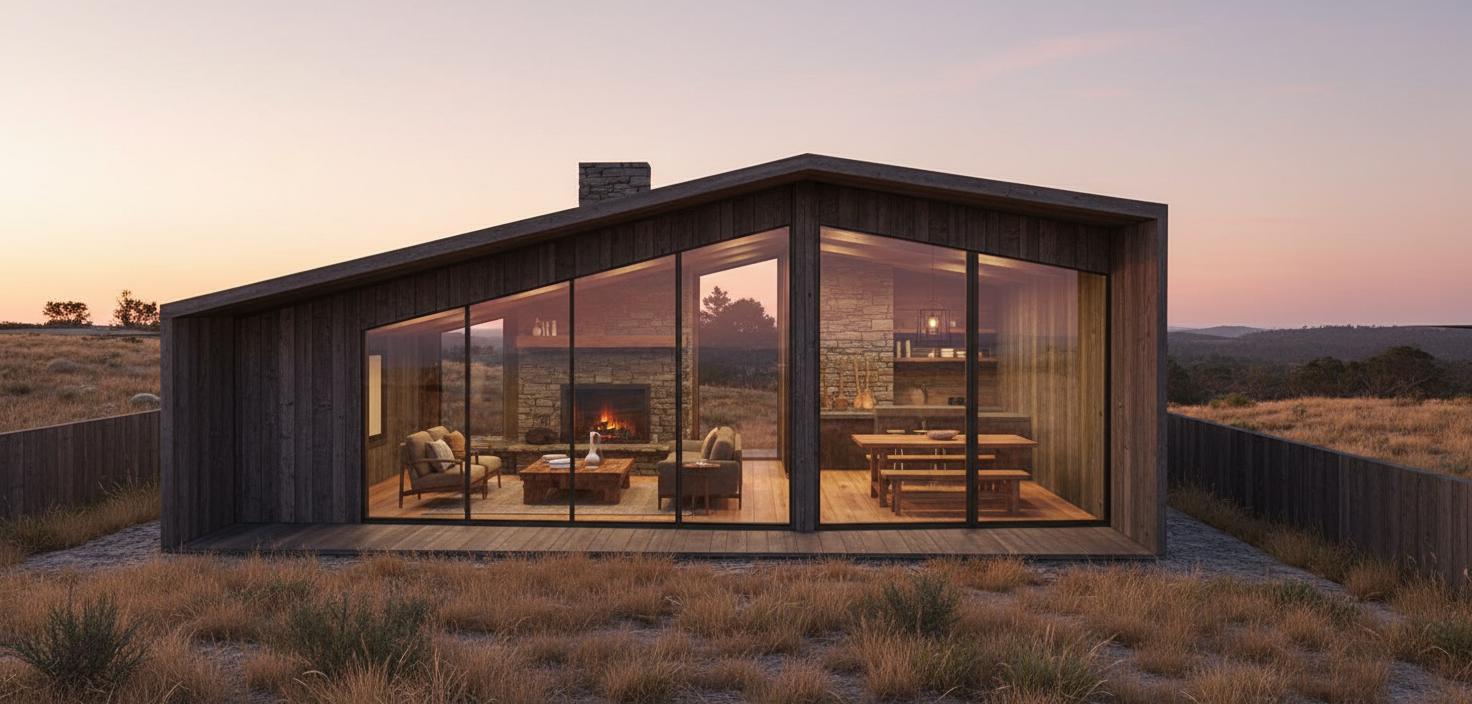 An incredibly lifelike, richly detailed, photorealistic architectural photo of a rustic house exterior, transitioning into a warm, inviting rustic interior. The scene is illuminated by soft, golden hour light, creating a cozy and nostalgic atmosphere. Captured with a wide-angle lens, emphasizing the weathered wood textures of the exterior and the exposed beams and natural stone of the interior, with a shallow depth of field blurring the background to draw the eye to the inviting doorway.