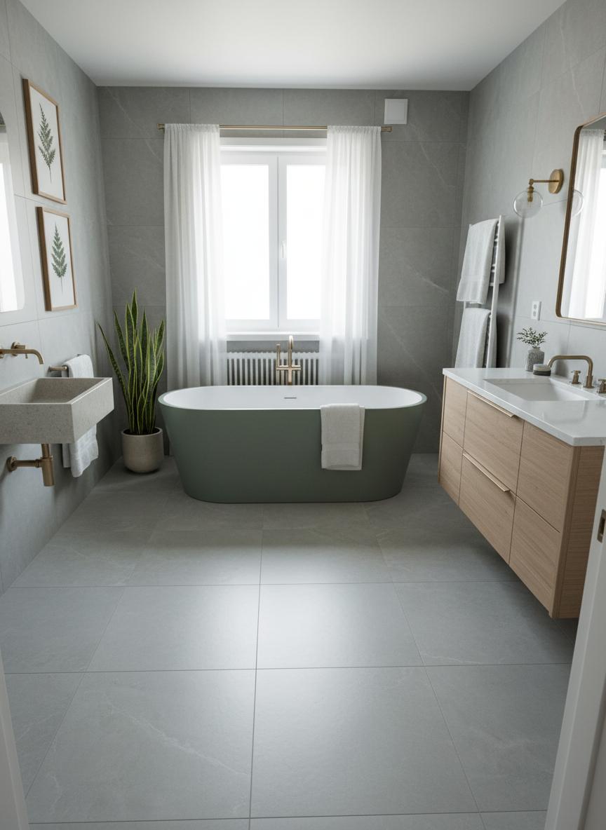 An incredibly lifelike, richly detailed, interior photo of a Scandinavian sanctuary set in a modern hotel bathroom. The scene is illuminated by soft, diffused natural light filtering through large windows, creating a tranquil, serene, and airy atmosphere. Captured with a wide-angle lens, emphasizing the clean, bright, and minimalist design, this space embodies a hygge-inspired aesthetic with shades of white, gray, and soft greens dominating the color palette. The existing parquet flooring, while beautiful, is replaced by a smooth, large-format matte gray tile that extends seamlessly up the walls for a cohesive look, punctuated by delicate veins of natural stone. A custom-built vanity crafted from light, unfinished oak with brushed metal hardware offers ample storage, topped with a sleek, white quartz countertop. Above it, a minimalist, frameless mirror reflects the soft light, and beside it, a single, elegant brass sconce provides ambient lighting. The original radiator is concealed behind a custom-made wooden slatted panel, painted white to blend with the walls. Instead of traditional bathroom fixtures, we envision freestanding sculptural elements: a deep, freestanding soaking tub in a muted sage green, made from a matte composite material, and a delicate, wall-mounted stone sink. Plush, oversized white and light gray towels are neatly folded on open shelving made of brushed metal. Nature-inspired framed art, perhaps a collection of pressed leaves or minimalist botanical prints in thin wooden frames, adorns one wall. Subtle greenery, like a single, tall snake plant or a trailing pothos in a ceramic pot, adds a touch of organic warmth without overwhelming the clean lines. The overall impression is one of unparalleled calm and understated luxury, a spa-like retreat designed for ultimate relaxation and rejuvenation. The proportions are generous, offering a sense of spaciousness, while the careful balance of materials—smooth tiles, natural wood, brushed metal, and plush textiles—create a tactile and visually calming experience. The human scale is considered through the placement of fixtures and furniture, ensuring ease of use and a sense of understated elegance.