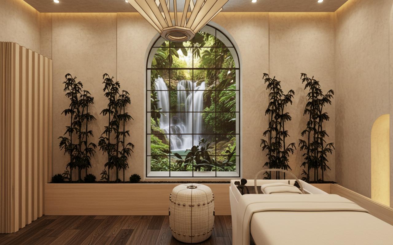 An incredibly lifelike, richly detailed, photorealistic interior photo of a hotel bathroom, evoking a serene Japanese Zen ambiance. The scene is illuminated indirectly by warm, recessed ceiling lights, creating a tranquil and inviting atmosphere. Captured with a wide-angle lens, emphasizing the expansive arched window that dominates the far wall. This window offers a breathtaking view of a lush, tropical landscape with a cascading waterfall, sunlight dappling through the dense foliage. The window frame is a dark metal, divided into multiple smaller panes, contrasting with the textured, neutral stucco of the wall. Flanking the window are tall, stylized black bamboo stalks, their silhouettes adding a graphic elegance. In the foreground, a light wood platform provides a sturdy base for the bamboo. A cylindrical ottoman, upholstered in a textured, natural fabric with decorative nailhead trim, sits centrally. To the right, a modern massage table, rendered in a wireframe style, hints at spa functionality. The floor is laid with dark, wide plank wood flooring, its subtle grain adding depth and warmth. To the left, a slatted wood screen provides a soft visual partition, complementing the overall aesthetic of natural materials and calm.