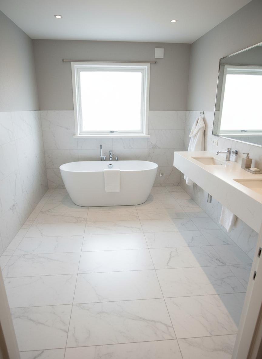 An incredibly lifelike, richly detailed, photorealistic interior photo of a contemporary hotel bathroom set in a modern urban building. The scene is illuminated by a soft, diffused artificial light, creating a serene and luxurious atmosphere. Captured with a wide-angle lens, emphasizing the clean lines and sparkling finishes of the space. The original parquet flooring has been replaced with large format, honed white marble tiles that reflect the light and extend seamlessly up the walls, creating a chic, spa-like retreat. The walls are a calming, very pale grey, their subtle texture providing a gentle contrast to the polished marble. A freestanding, sculptural white soaking tub is positioned strategically to capture the view, while a floating vanity with a minimalist white stone countertop and integrated sink is topped with a mirror framed in brushed nickel. High-end, gleaming chrome faucets and shower fixtures add a touch of sophisticated sparkle. A plush, white terrycloth robe hangs from a discreet brushed nickel hook. The overall impression is one of understated opulence and tranquil modern elegance.
