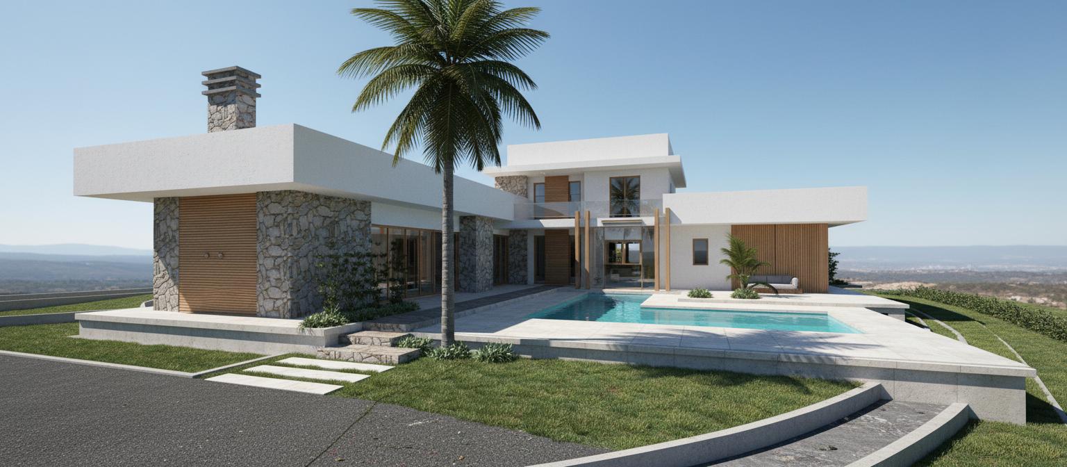 An incredibly lifelike, richly detailed, photorealistic wide-angle shot of a breathtaking modern luxury residence, nestled within a vibrant, sun-drenched environment that suggests a warm, tropical climate. The scene is illuminated by the direct, crisp light of midday, casting sharp, defined shadows that emphasize the building's clean lines and textural contrasts, creating a dynamic and inviting atmosphere. Captured with a low-angle perspective using a wide-lens camera, the rendering meticulously highlights the interplay between the cool, white stucco planes, the rough, natural texture of the stacked stone accents, and the warm, vertical wood paneling. A majestic palm tree gracefully arches over the scene, its fronds casting dappled shade onto the pristine turquoise pool and the surrounding minimalist landscaping. The architectural style masterfully blends contemporary geometric forms with rustic material choices, offering a glimpse into a sophisticated interior through expansive glass doors, hinting at a warm, inviting, and possibly rustic interior design. The composition draws the eye through the scene, from the dark, inviting driveway and textured stone pathway leading to the entrance, to the elevated pool terrace that acts as an extension of the indoor living space, showcasing a seamless integration of indoor and outdoor living. The depth of field subtly blurs the distant background, focusing attention on the meticulously rendered details of the house and its immediate surroundings, making it feel like a trending Pinterest inspiration for aspirational living.