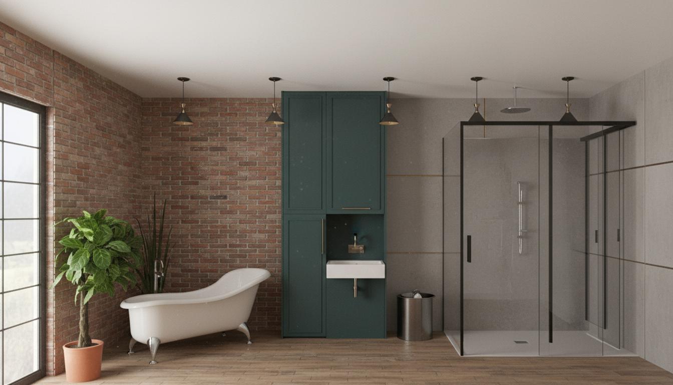 An interior photo of a spacious hotel bathroom with an industrial loft aesthetic, set within an urban, repurposed warehouse environment. The scene is illuminated by a soft, diffused light, creating a raw and rugged atmosphere. Captured with a wide-angle lens, emphasizing the interplay of industrial, urban, and loft design elements, this shot showcases a striking combination of reclaimed wood flooring and exposed brick walls in shades of rust. Dominating the space is a freestanding, claw-foot bathtub, adding a touch of vintage elegance. Adjacent to it, a tall, dark teal cabinet hints at sophisticated storage solutions, while a modern, glass-enclosed shower with sleek chrome fixtures offers a contemporary contrast. The juxtaposition of exposed brick, rough concrete accents on the far wall, and minimalistic pendant lighting overhead further reinforces the raw, architectural character. A potted plant adds a touch of organic life to the scene, softening the industrial edges. The overall impression is one of rugged luxury, where repurposed materials meet sophisticated design, reminiscent of a high-end photography book dedicated to industrial loft living.