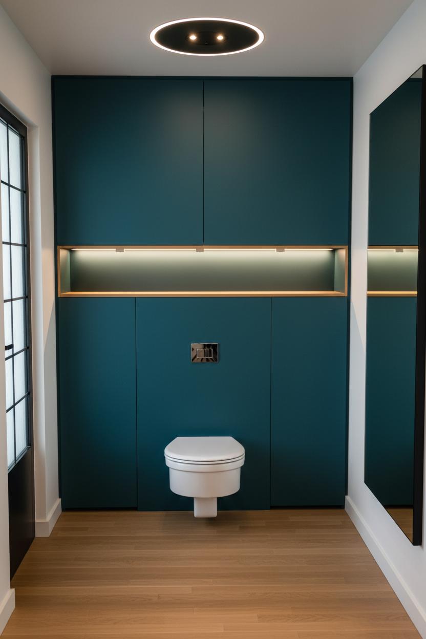 An incredibly lifelike, richly detailed, photorealistic interior photo of a hotel bathroom that exudes an industrial loft aesthetic. The scene is illuminated by soft, ambient lighting emanating from subtle backlighting within the floating wooden shelf and a sleek, dark ceiling fixture, creating a sophisticated and intimate atmosphere. Captured with a wide-angle lens, emphasizing the polished oak floorboards and the striking symmetry of the dark teal cabinetry that spans the entire back wall. A full-length mirror on the right side reflects the space, doubling its apparent width and adding to the sense of depth. The minimalist white toilet and the flush-mounted cistern are perfectly centered, grounding the composition amidst the luxurious finishes. The overall impression is one of modern elegance and thoughtful design, with impeccable attention to material and form.