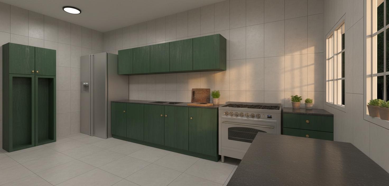 An incredibly lifelike, richly detailed, photorealistic interior photo of a vintage-style kitchen captured during the nighttime in spring. The scene is illuminated by the soft glow filtering through two large casement windows, creating a warm and inviting atmosphere. Captured with a wide-angle lens, emphasizing the richness of the dark forest green cabinetry with its subtle wood grain texture, contrasted by the sleek stainless steel of a modern refrigerator and a professional-grade range cooker. The large format, pale grey tiled backsplash and corresponding floor tiles add to the vintage aesthetic, while the dark, stone-like countertops provide a grounding element. A prominent dark grey dining table in the foreground offers a juxtaposition of modern simplicity against the vintage surroundings. The overall impression is one of timeless elegance, a space designed for both culinary creation and convivial gatherings, trending on Pinterest for its unique blend of classic style and contemporary functionality.