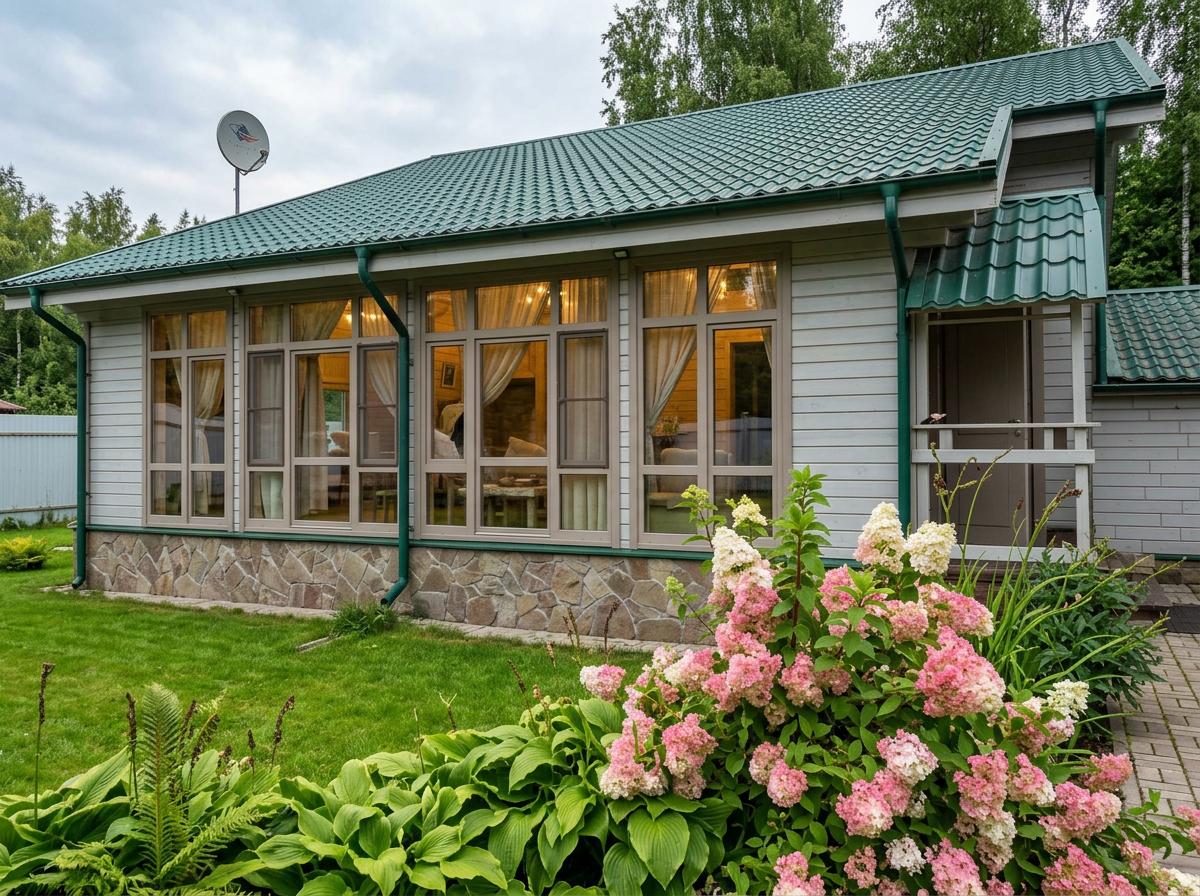 An incredibly lifelike, richly detailed, photorealistic architectural photo of a rustic house exterior set in a lush, green landscape. The scene is illuminated by the soft, natural light of a slightly overcast afternoon, creating a peaceful and serene atmosphere. Captured with a wide-angle lens, emphasizing the horizontal lines of the wood siding and the repeating pattern of the windows, the composition draws the eye towards the vibrant cluster of pink and white hydrangeas in the foreground. The house itself features a deep green, corrugated metal roof, light grey horizontal wood siding, and a stone-clad foundation, all contributing to its rustic charm. Large windows with taupe-colored frames offer glimpses into a warmly lit interior, hinting at a cozy, rustically designed living space with light-colored curtains and a visible table. The contrast between the man-made structure and the organic beauty of the surrounding nature, including the distant trees and manicured lawn, highlights its harmonious integration into the environment.