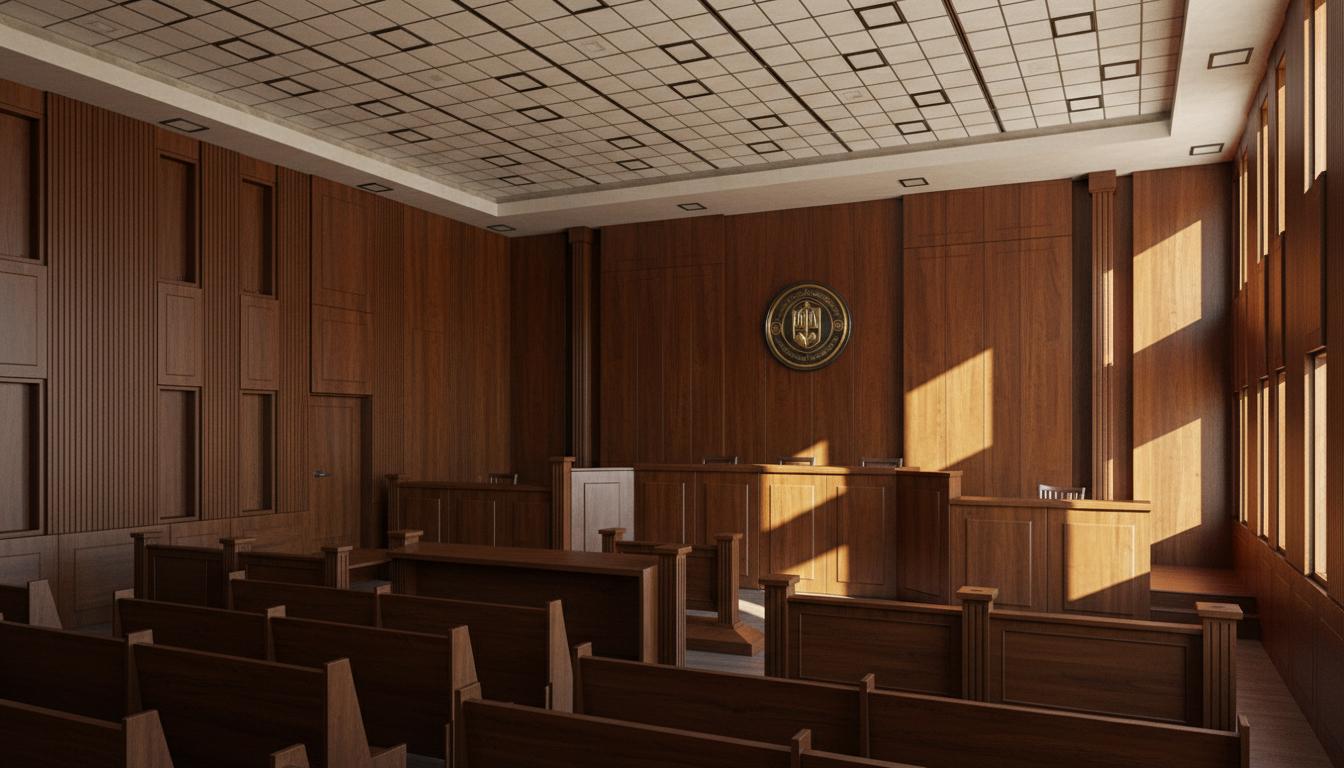 An incredibly lifelike, richly detailed, photorealistic interior photograph of a courtroom is captured from a medium-wide angle, set within a grand, traditionally designed institution. The scene is illuminated by a combination of bright, diffused overhead square lighting panels, casting a clean, even glow across the space, and the sharp, dramatic shafts of natural light streaming in from tall, narrow windows along the side walls, creating a deeply atmospheric and formal mood. Captured with a wide-angle lens that slightly exaggerates the depth, emphasizing the rich, warm tones of the polished, vertical wood paneling that covers the walls and the robust, classic wooden benches of the seating areas, the rendering showcases the intricate grain details and the subtle sheen of the polished wood. The perspective draws the eye towards the elevated bench at the far end, where an official seal, featuring interwoven legal symbols and text, stands as a focal point, its details sharp and clear against the dark wood. Long, defined shadows are cast by the window frames and the architectural elements, adding a sense of volume and gravitas to the room. Reflections are subtly present on the polished wood surfaces, hinting at the brightness of the exterior and the meticulous attention to detail in the rendering.