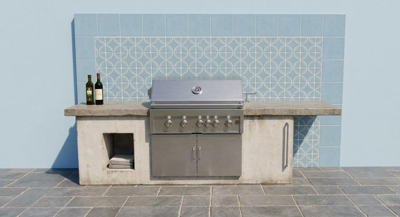 An incredibly lifelike, richly detailed, photorealistic architectural photo of an outdoor patio barbeque setup in a shabby chic style, set on a sunny summer midday. The scene is illuminated by bright, natural daylight, creating a warm and inviting atmosphere, perfect for a casual gathering. Captured with a wide-angle lens, emphasizing the textured concrete countertop and the intricate, pale blue tiled backsplash behind the grill, which features a repeating sunburst pattern. The stainless steel grill itself is a focal point, showing off its brushed metal finish and control knobs. To the left, two dark glass bottles sit on the counter, adding a touch of rustic elegance. The base of the barbeque island is constructed from a light, weathered concrete material, with an open cubby creating a touch of visual interest and storage. The flooring is laid with large, slate-grey tiles, suggesting a durable and stylish outdoor living space. The overall composition highlights the clean lines of the modern grill softened by the artisanal touches of the tiles and the implied texture of the concrete, all rendered with a subtle depth of field that draws the eye to the main subject. The clean, light blue background suggests an open sky or a large open-air dwelling, contributing to the overall airy and summery feel, trending on Pinterest for its blend of functionality and chic, relaxed design.