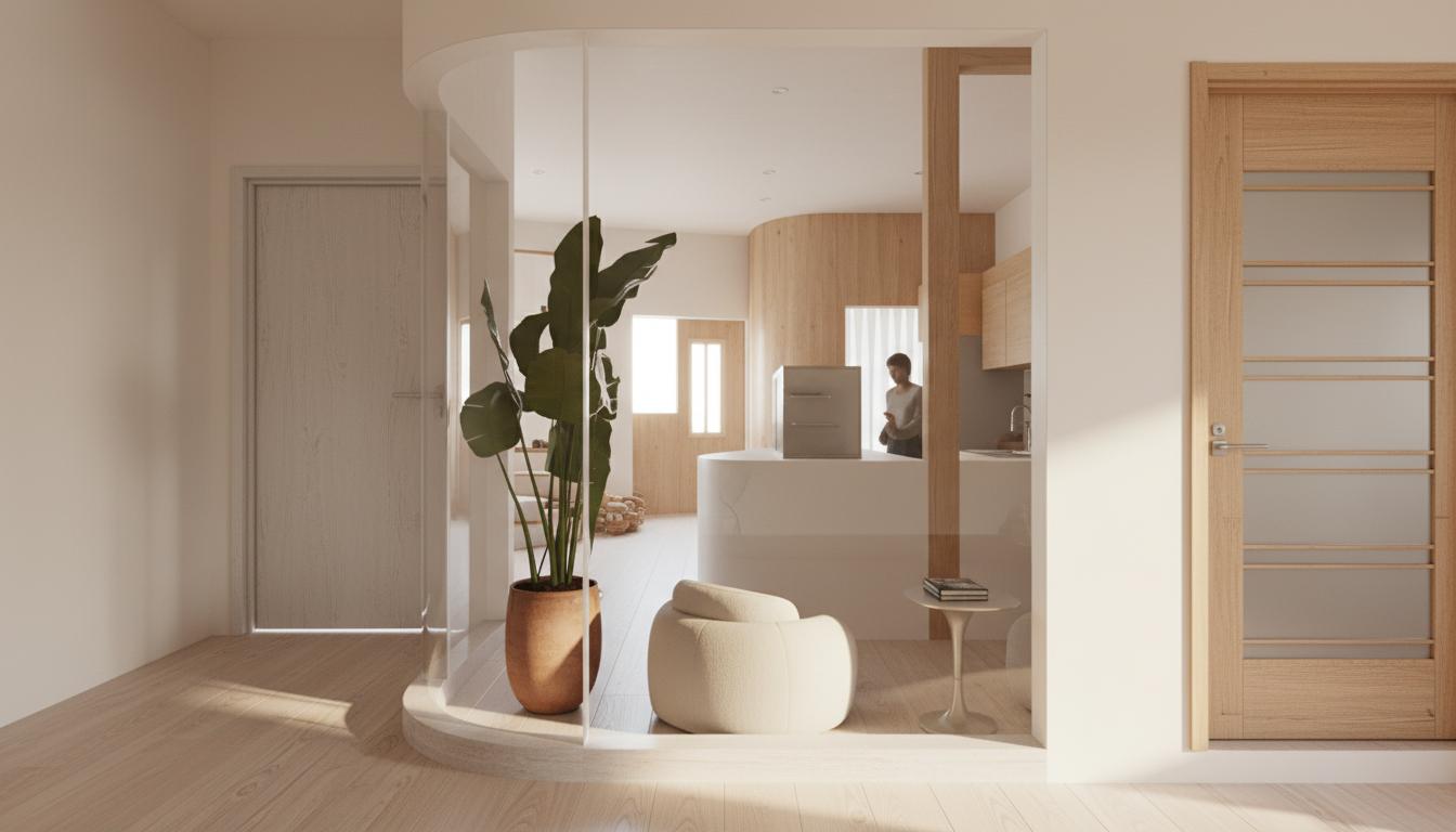 An incredibly lifelike, richly detailed, photorealistic interior photo of a rustic living room set in a sun-drenched summer afternoon. The scene is illuminated by bright, diffused midday light streaming in from unseen windows, creating a warm and inviting atmosphere with sharp, elongated shadows playfully cast across the wooden floor, hinting at a late afternoon sun. Captured with a wide-angle lens at eye level, emphasizing the spaciousness and connection between the different areas of the room. The composition draws the viewer's eye through an opening, revealing a curvilinear partition that separates a cozy seating area from a more functional kitchen or bar space.

In the foreground, a large, lush plant in a textured pot stands as a natural sculpture, its broad leaves catching the light. Adjacent to it, a plush, shapeless armchair with an invitingly soft texture beckons, paired with a minimalist side table holding a single book. Beyond the partition, the interior reveals clean lines and rounded edges, characteristic of a modern rustic aesthetic. A sleek, curved counter dominates the mid-ground, with hints of kitchen cabinetry and appliances visible behind it. A silhouette of a person can be seen, suggesting quiet activity within the space, perhaps preparing a drink or reading. To the right, a tall, multi-paneled door stands closed, its clean design contrasting with the organic curves of the interior, while another door, partially ajar, offers a glimpse into an adjacent room on the left. The overall impression is one of understated elegance and comfortable living, a space where nature and modern design harmoniously coexist, reminiscent of trending interior design on Pinterest with its focus on natural elements and flowing forms.