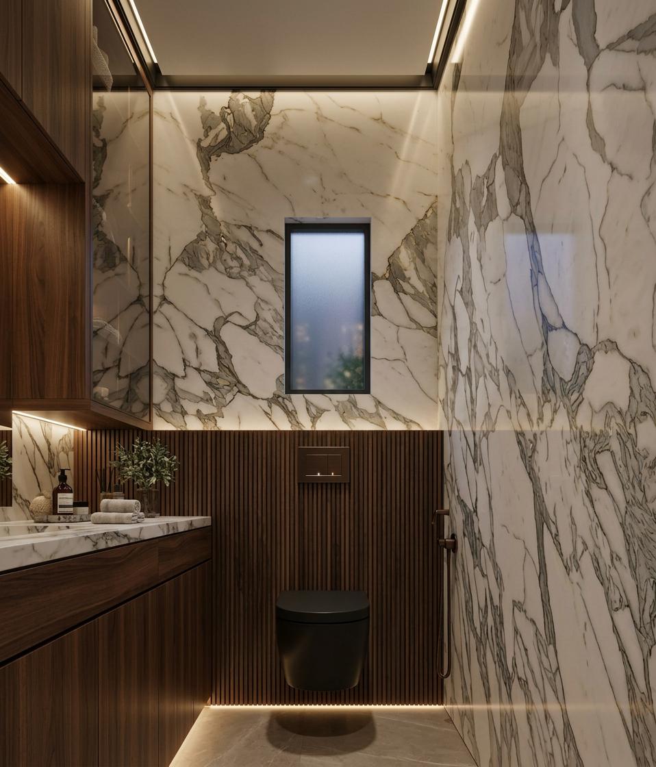 An incredibly lifelike, richly detailed, photorealistic interior photo of a bathroom set in a modern, minimalist environment, captured at night during a summer evening. The scene is illuminated by soft, warm LED strip lighting that accentuates the luxurious Calacatta marble walls and custom wooden cabinetry, creating a sophisticated and inviting atmosphere. The camera, set at a slightly low angle with a wide lens, emphasizes the expansive feel of the space, highlighting the dramatic veining of the marble and the sleek, dark wood paneling. The composition frames the floating black toilet and bidet spray, drawing the eye to the contrast between the matte finishes and the polished gleam of the marble. A minimalist rectangular window offers a glimpse to the outside, but its frosted glass suggests privacy and a tranquil spa-like experience within. The overall impression is one of understated luxury, trending on Pinterest for its clean lines and high-end material palette.