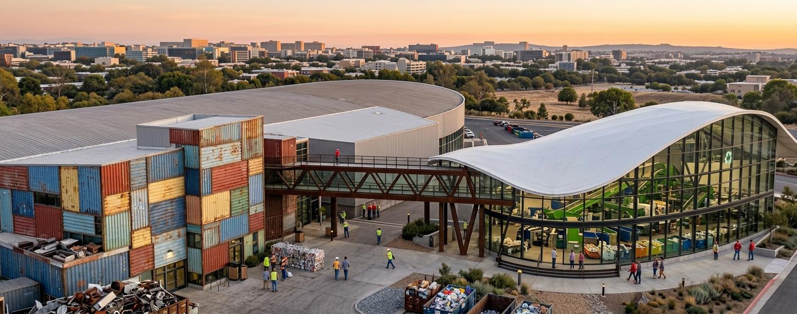 An incredibly lifelike, richly detailed, photorealistic architectural photo of a recycling center's exterior, set against a sprawling urban landscape transitioning into distant hills under a vibrant sunset. The scene is illuminated by the warm, golden hues of the setting sun, casting long shadows and creating a dynamic, almost magical atmosphere, reminiscent of a "techno wonderland." Captured with a wide-angle lens from a slightly elevated perspective, the rendering emphasizes the contrasting textures: the weathered, colorful panels of repurposed shipping containers forming a striking facade on the left, juxtaposed with the sleek, undulating white roof and vast glass curtain walls of the building to the right. A modern, elevated walkway, constructed from dark metal and glass, elegantly connects the two structures, hinting at internal spaces filled with activity. The foreground reveals a textured plaza with scattered figures, suggesting a functional yet inviting public space, while the background offers a panoramic view of the city bathed in the soft, diffused light of dusk, blending the industrial with the natural world in a beautiful, harmonious composition.
