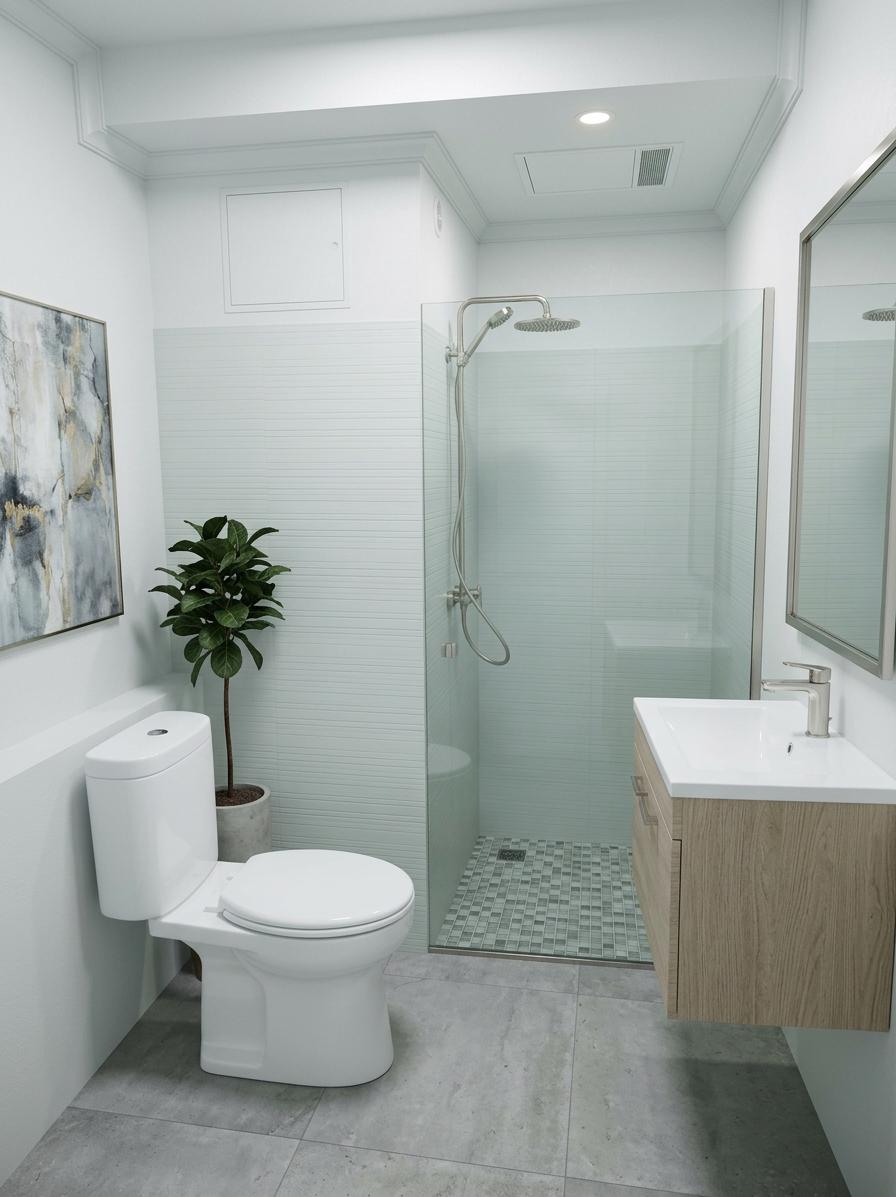 An incredibly lifelike, richly detailed, photorealistic interior photo of a hotel bathroom set in a modern, minimalist architectural space. The scene is illuminated by soft, diffuse overhead lighting and natural light filtering in, creating a serene and uncluttered atmosphere. Captured with a wide-angle lens, emphasizing the clean lines and inviting textures of the space. This reimagined bathroom embraces a minimalist haven, with cool shades of white, soft grays, and hints of pale pastel blues and greens. The walls are finished in a smooth, matte white with a subtle textured accent that echoes the original horizontal lines but in a more refined, contemporary way. On one wall, a striking piece of abstract wall art in muted tones adds a touch of sophistication. The existing tiled shower area is now enclosed by a frameless glass panel, creating a seamless transition and enhancing the sense of spaciousness, featuring a rainfall showerhead for a touch of luxury.

The toilet and sink are updated to sleek, wall-mounted fixtures in gleaming white porcelain, maintaining the uncluttered aesthetic. A floating vanity crafted from light oak with minimalist brushed nickel hardware is installed beneath the sink, providing discreet storage. Above the vanity, a large, well-lit mirror with a slim metal frame reflects the space, making it feel even larger. The floor is laid with large-format, matte gray concrete-look tiles, providing a grounded and sophisticated base. Instead of just a functional space, we've introduced a sense of calm and rejuvenation. A slender, tall indoor plant with deep green foliage is placed in a minimalist pot in one corner, adding a touch of organic life and a contrasting texture. The overall design emphasizes clean lines, smooth surfaces, and a monochromatic color palette, punctuated by the subtle artwork and living greenery.

The composition is carefully balanced, with the vanity and mirror forming a central focal point on one wall, balanced by the elegantly enclosed shower on the opposite side. The toilet is discreetly positioned, further enhancing the streamlined look. The proportions are generous, creating a sense of openness that feels luxurious and inviting. Each element is thoughtfully placed to maximize functionality and visual appeal, adhering to human scale and ergonomic principles. This is a space designed for relaxation and rejuvenation, a tranquil escape that feels both contemporary and timeless, like stepping into the pages of a high-end design magazine or a photography book dedicated to serene living. The atmosphere is one of peaceful solitude, where every detail contributes to a feeling of calm and refined simplicity. Imagine stepping out of the shower into this spa-like environment, the soft light bathing the space, and feeling the stress melt away.