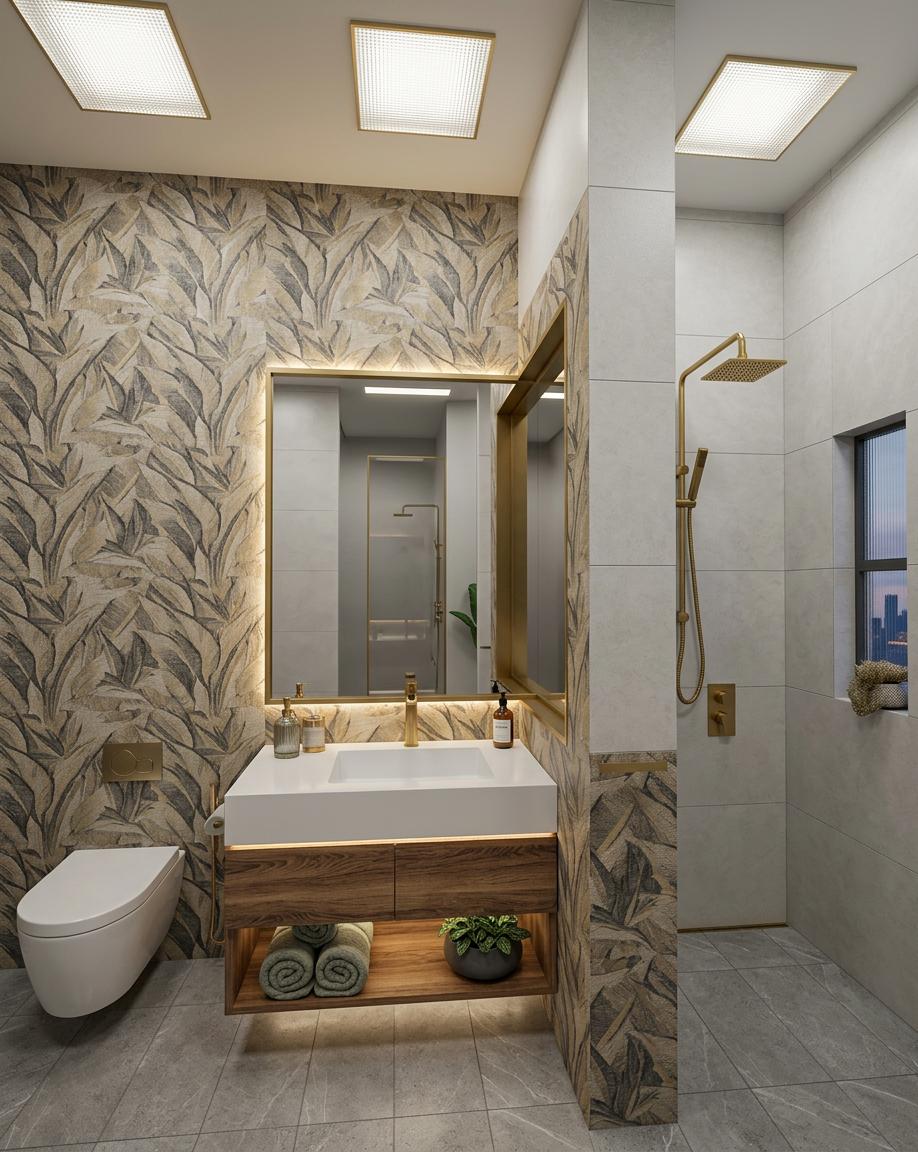 An incredibly lifelike, richly detailed, photorealistic interior photo of a modern fusion hotel bathroom set in a sleek, urban environment. The scene is illuminated by integrated ceiling lights and subtle accent lighting, creating a clean and dynamic atmosphere. Captured with a wide-angle lens, emphasizing the contemporary, open-concept design and interplay of smooth, geometric surfaces and modular elements. The walls feature a sophisticated texture, reminiscent of abstract wall art in shades of neutral tones, contrasted by rich, warm wooden accents in the vanity. A floating toilet and a sleek vanity with a crisp white countertop and minimalist basin anchor the space. The industrial-inspired touches are evident in the minimalist metallic fixtures, including a striking gold showerhead and faucet, and the muted tones of the porcelain tiles on the floor and walls. The overall impression is one of contemporary luxury, where minimal yet impactful decor, paired with hints of lush greenery, creates a bold and inviting sanctuary.