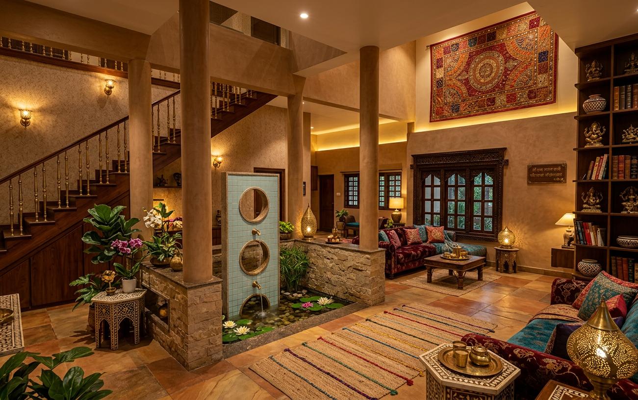 An incredibly lifelike, richly detailed, photorealistic interior photo of a luxurious living room set in a contemporary Indian residence. The scene is illuminated by ambient, warm lighting that accentuates the opulent and spiritual atmosphere. Captured with a wide-angle lens, emphasizing the vibrant and textured Indian-inspired decor, including a colorful Indian textile wall art in shades of rich reds, oranges, and golds. The space features intricately carved wooden and brass furniture, adorned surfaces, and an abundance of indoor plants that add a touch of natural exuberance. The floor is laid with large, textured tiles, and the walls are painted in warm, earthy tones, creating a cozy yet grand ambiance. A striking water feature with circular openings for water flow draws the eye, seamlessly integrated into the space. The composition highlights the interplay of light and shadow, revealing the handcrafted details and the overall opulent design, reminiscent of a page from a high-end photography book showcasing the best of Indian interior design.