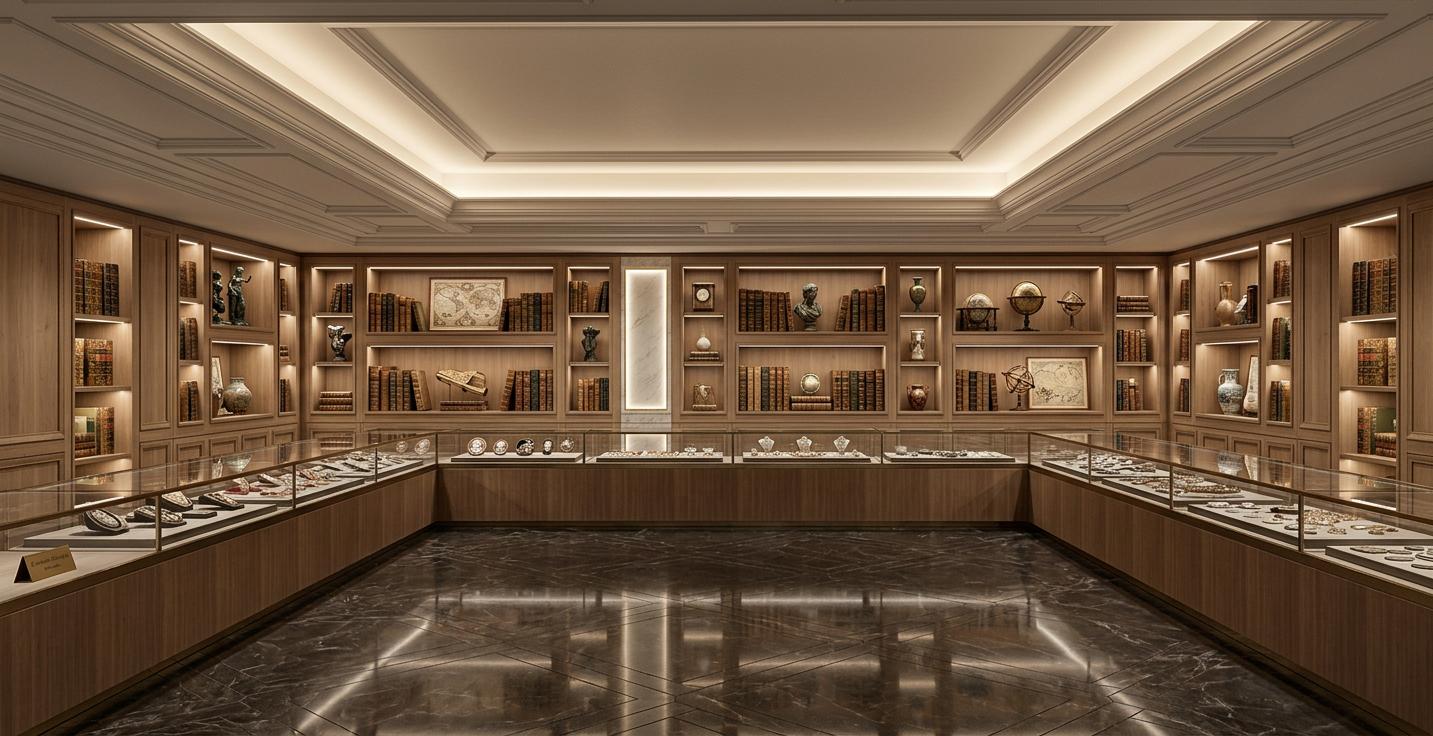 The photo presents a luxurious jewelry showroom rendered in a modern Indian exuberance style, captured at midday under bright, natural lighting. The expansive space features a sophisticated ceiling design with recessed downlights along the outer and inner bands, creating a warm glow that highlights the central cove lighting. A prominent chandelier, suspended from the ceiling's core, casts a brilliant white light throughout the showroom, illuminating the meticulously arranged displays. The walls are adorned with extensive built-in cabinetry, showcasing a rich wood veneer with framed glass doors on the sides and intricate paneling in the center. These cabinets are thoughtfully stocked with elegant jewelry stands and display tables, each holding exquisite pieces of jewelry, ready to captivate potential buyers. A long, polished dark wood counter runs along the foreground, topped with a sleek glass display case that reflects the ambient light. The floor is finished with a smooth, understated grey material, allowing the opulent displays and cabinetry to take center stage. The perspective draws the viewer's eye towards the detailed back wall, emphasizing the showroom's depth and the sheer volume of its display potential.
