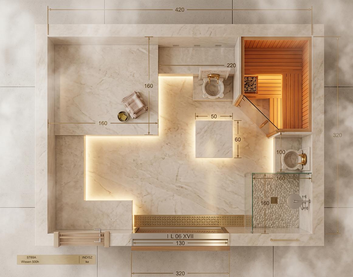 An incredibly lifelike, richly detailed, photorealistic floorplan of a modern luxury Turkish hammam interior with an integrated sauna and glass shower, set within a 4.3m x 3.2m space. The scene is illuminated by soft, warm LED strip lighting under the marble seating platforms and ambient lighting from the wooden sauna room, creating a serene and spa-like atmosphere. Captured with a wide-angle lens, emphasizing the spaciousness and clean lines of the architectural visualization, the space features natural light beige marble walls and floor with subtle veins, exuding an understated elegance. A central, heated marble massage table, measuring 60x60 cm, is positioned invitingly. To the side, a small, traditional marble basin with a gleaming gold faucet is mounted on the wall, adding a touch of classic charm. The adjacent wooden sauna room presents a warm, inviting interior visible through its glass door, while a modern walk-in shower with a transparent glass partition and a textured stone floor completes the luxurious wet area. A soft steam effect subtly blurs the background, enhancing the immersive spa experience. The ultra-realistic materials, global illumination, and ray tracing reflections create a sense of depth and realism, truly bringing this architectural vision to life with the polish of an 8k V-Ray render.