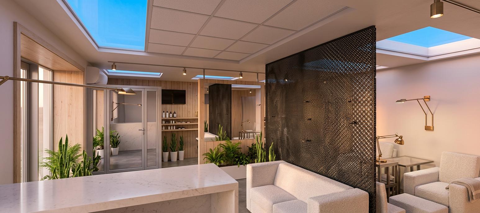 An interior photo of a contemporary beauty salon, bathed in the warm, diffused light of a late spring sunset, evokes the serene ambiance of a luxurious hotel bathroom within an industrial loft. The pristine white walls and ceilings are dramatically punctuated by inset skylights that mimic a clear, vibrant sky, casting a soft, ethereal glow throughout the space. A striking perforated metal partition gracefully divides the area, its intricate pattern subtly diffusing the light and adding a touch of industrial chic. The scene is furnished with modern, minimalist pieces, including a plush white sofa and modular seating upholstered in a textured fabric, all rendered with exquisite detail. Sleek track lighting and articulated wall lamps provide further illumination, their metallic finishes reflecting the warm hues of the sunset. Lush green plants are strategically placed, their vibrant foliage offering a refreshing contrast to the predominantly white and metallic palette, enhancing the feeling of a sophisticated urban oasis. The overall composition, with its clean lines and interplay of light and texture, transports the viewer into a tranquil and stylish haven.