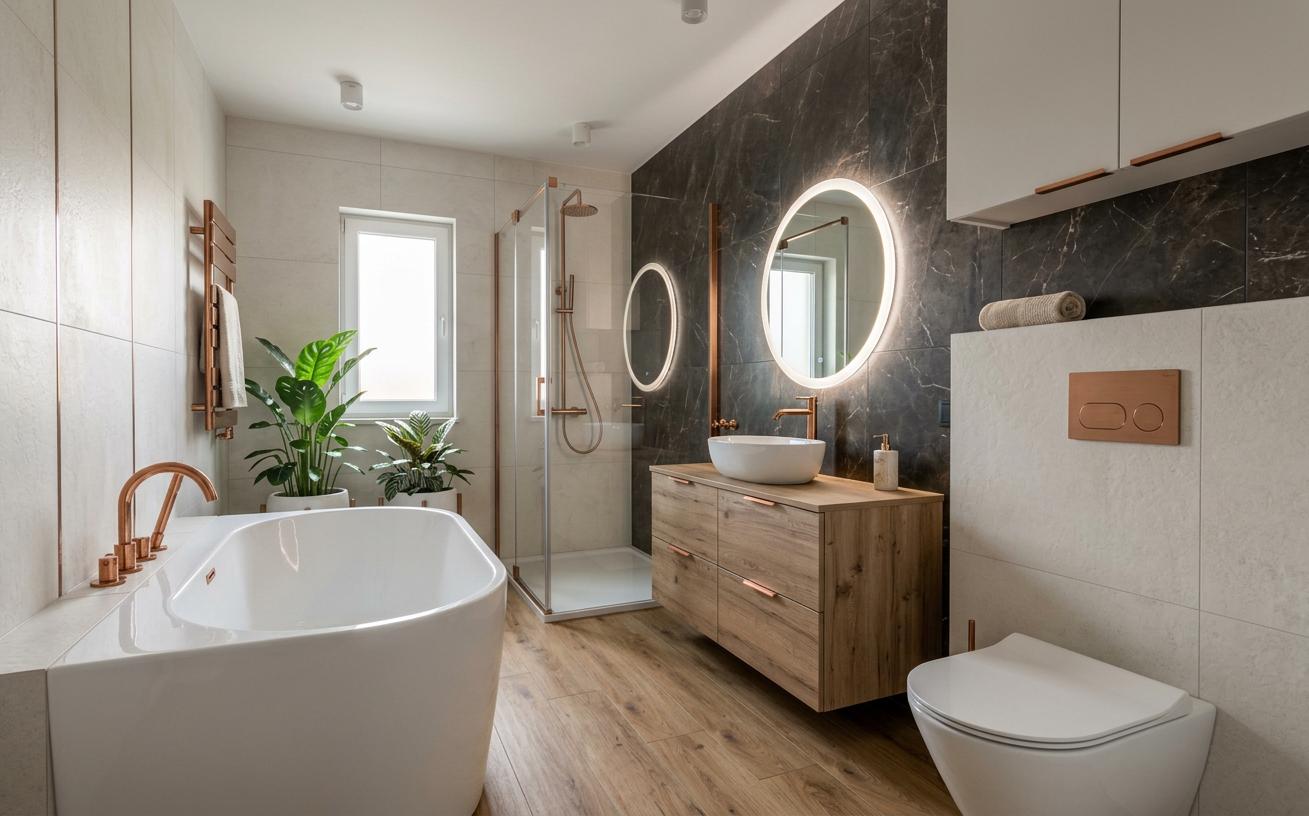 An incredibly lifelike, richly detailed, photorealistic interior photo of a vintage-inspired bathroom set in a modern home. The scene is illuminated by soft, diffused light suggesting a gentle sunrise, creating a calm and inviting atmosphere. Captured with a wide-angle lens, the perspective draws the viewer into the spacious room, emphasizing the interplay of clean lines and warm materials. Dominating the fore-ground is a sleek, freestanding white bathtub, its smooth curves contrasting with the textured, large-format off-white wall tiles that define the space. Polished copper fixtures, including a striking faucet and a minimalist towel warmer, add a touch of vintage glamour and warmth against the predominantly white and neutral palette. To the right, a wall-mounted toilet with a copper flush plate and a floating vanity with a light wood countertop and matching copper handles embody a contemporary take on vintage aesthetics. The vanity is topped with a smooth, white vessel sink. The back wall is dramatically clad in dark, veined marble-effect tiles, providing a sophisticated backdrop for a round mirror with an integrated LED halo, casting a soft, even glow. A separate enclosed shower area, framed in copper and clear glass, hints at further luxury. Wood-effect floor tiles introduce natural warmth and texture, a perfect counterpoint to the ceramic and stone elements. Lush green houseplants in simple white planters are strategically placed, adding life and vibrancy to the tranquil setting. The overall impression is one of refined elegance, blending classic design sensibilities with modern comfort, a tranquil sanctuary perfect for a relaxing start to the day.